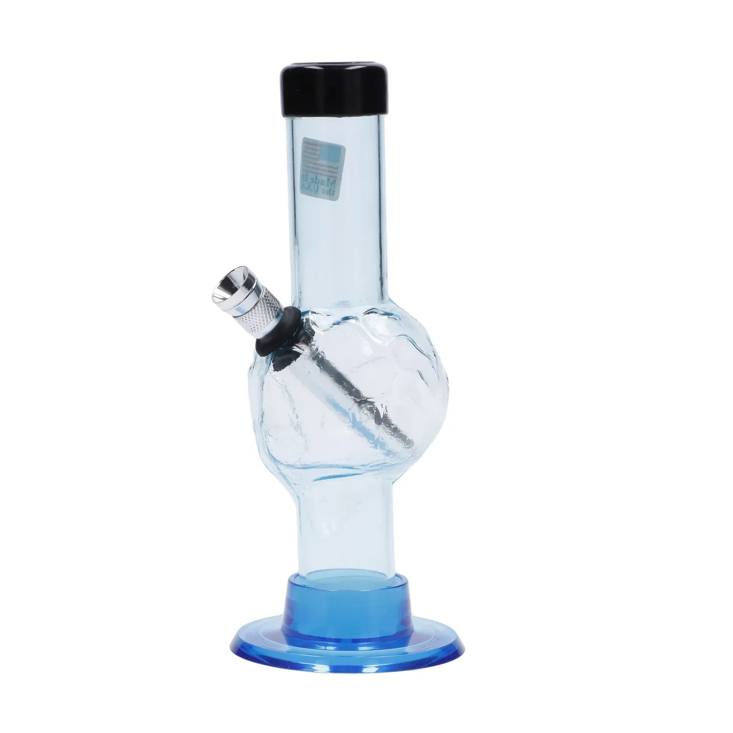 Straight-on view of the JM Plastics Mini Alien Base Acrylic Bong - 6 in. showing its blue-tinted neck, textured round midsection, angled metal bowl joint, and blue plastic base