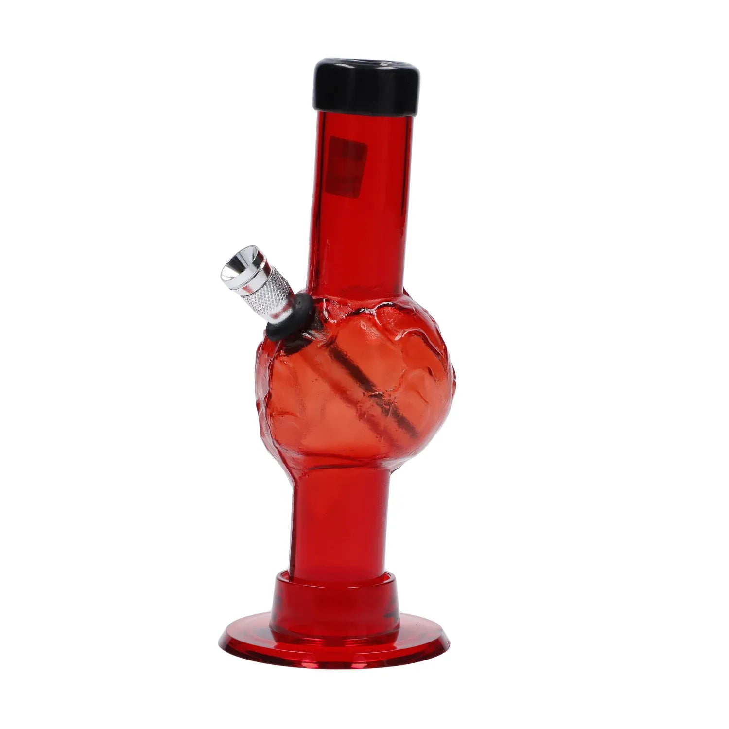 Front-facing studio shot of the red JM Plastics Mini Alien Base Acrylic Bong - 6 in., showing its textured spherical midsection, angled metal bowl, and round base.