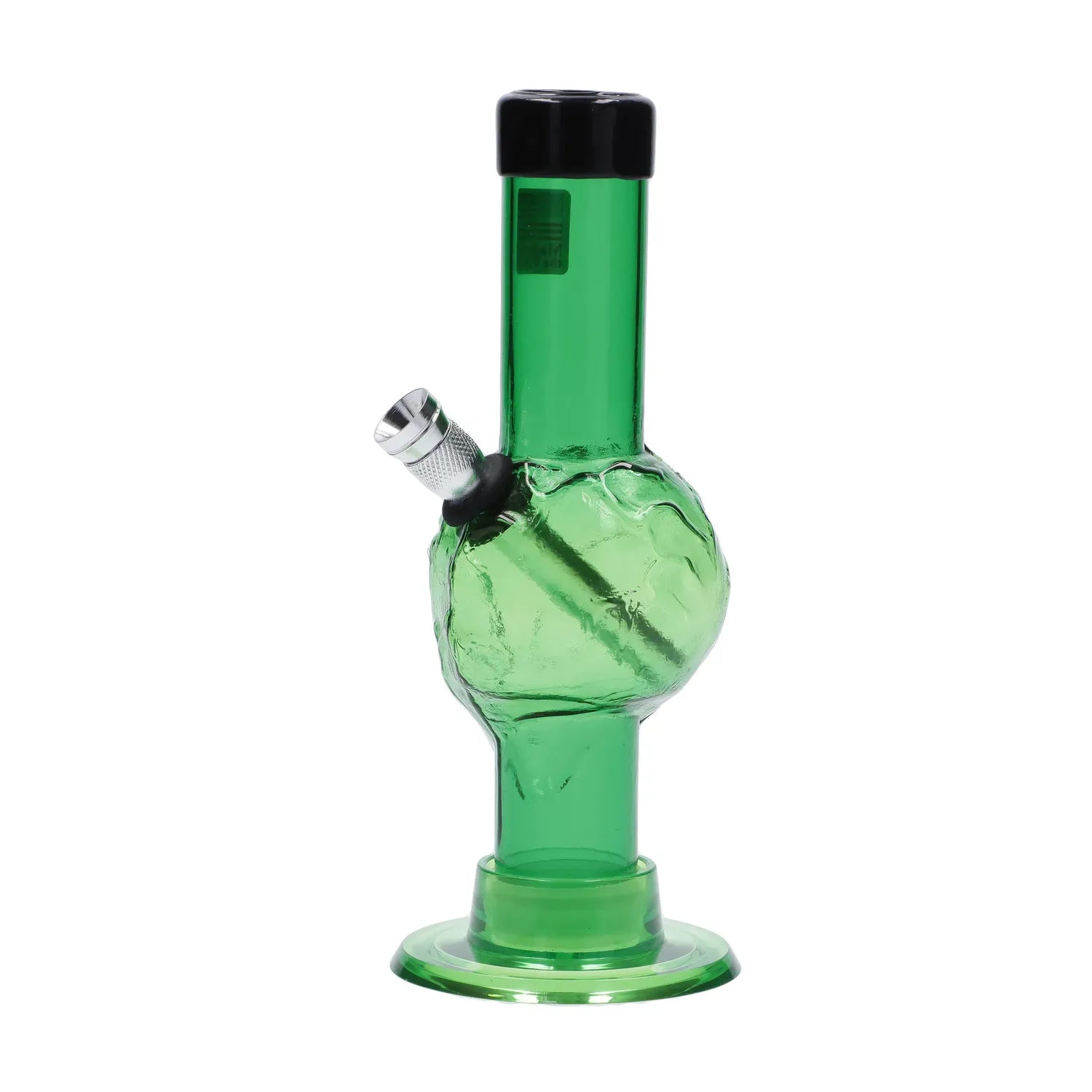 Centered front view of the green JM Plastics Mini Alien Base Acrylic Bong - 6 in. showing its bulbous textured midsection, angled metal bowl, and black-rimmed mouthpiece against a white background