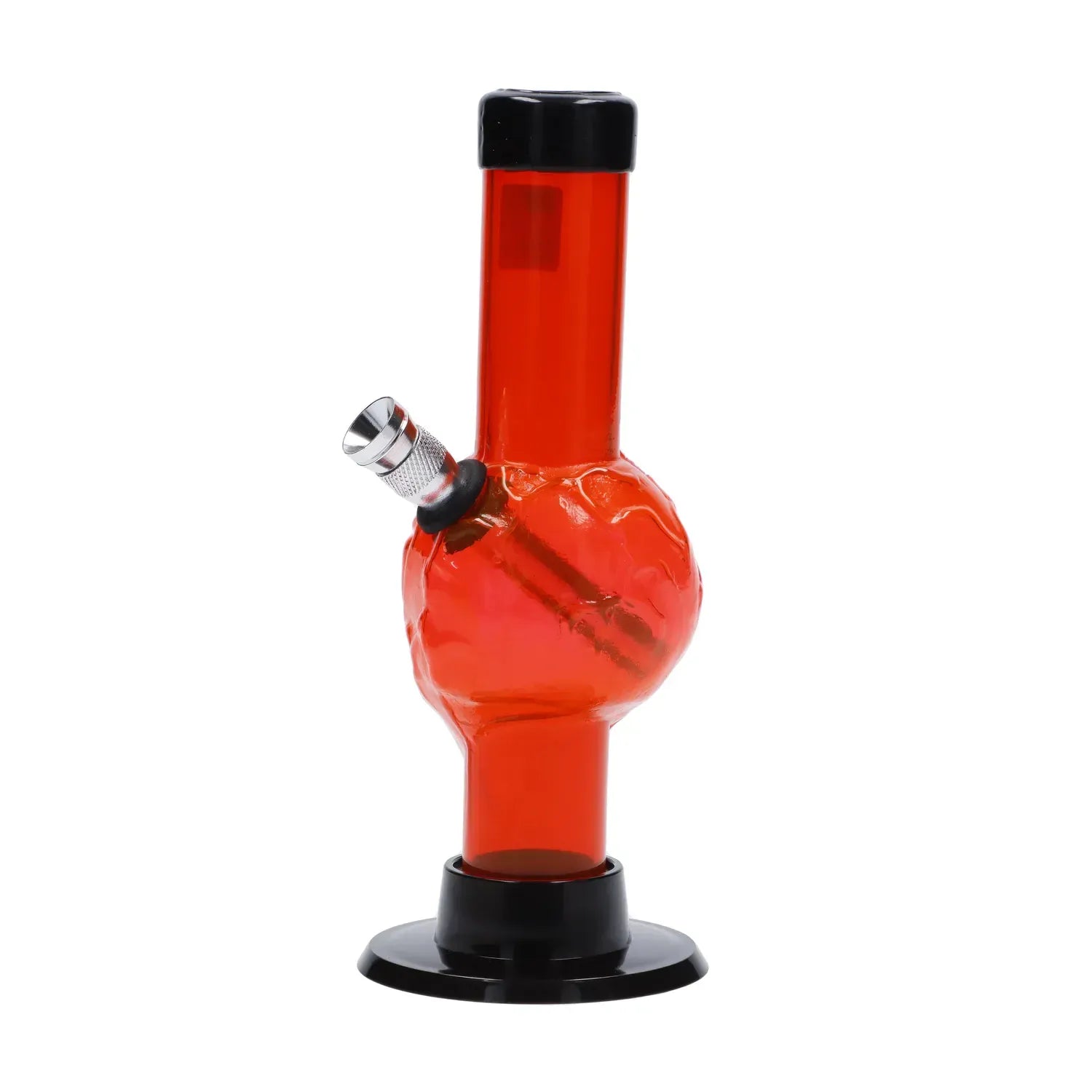 Close-up front view of the JM Plastics Mini Alien Base Acrylic Bong - 6 in. in translucent red with a black mouthpiece and base, shown on white.