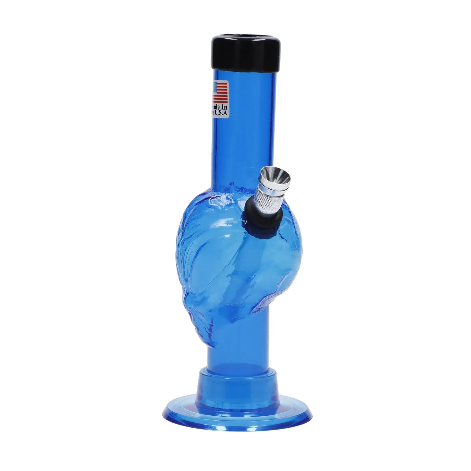 Front view of the JM Plastics Mini Alien Base Acrylic Bong - 6 in. in translucent blue showing the alien-shaped bulb, angled metal bowl, and black rim against a white background