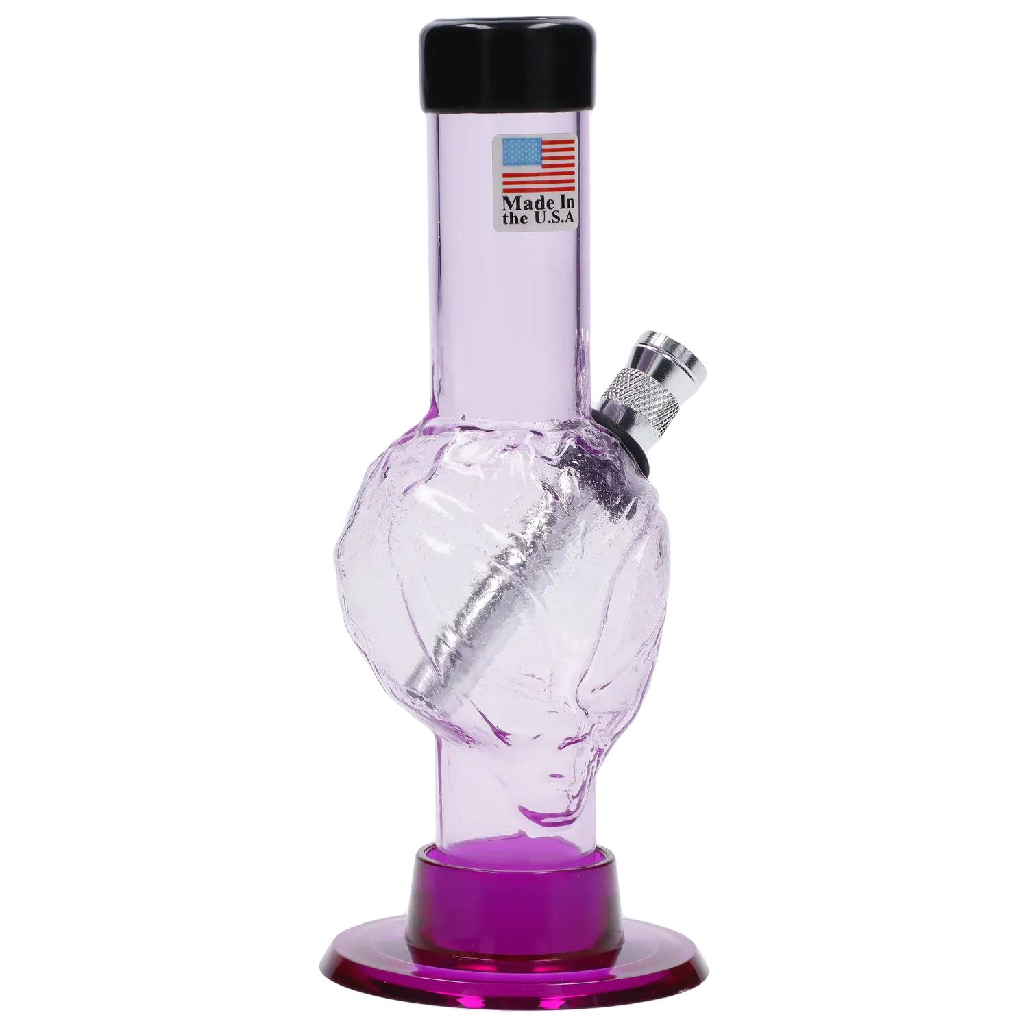 Close-up front view of the JM Plastics Mini Alien Base Acrylic Bong - 6 in. in translucent lavender with a metallic bowl and round purple base.