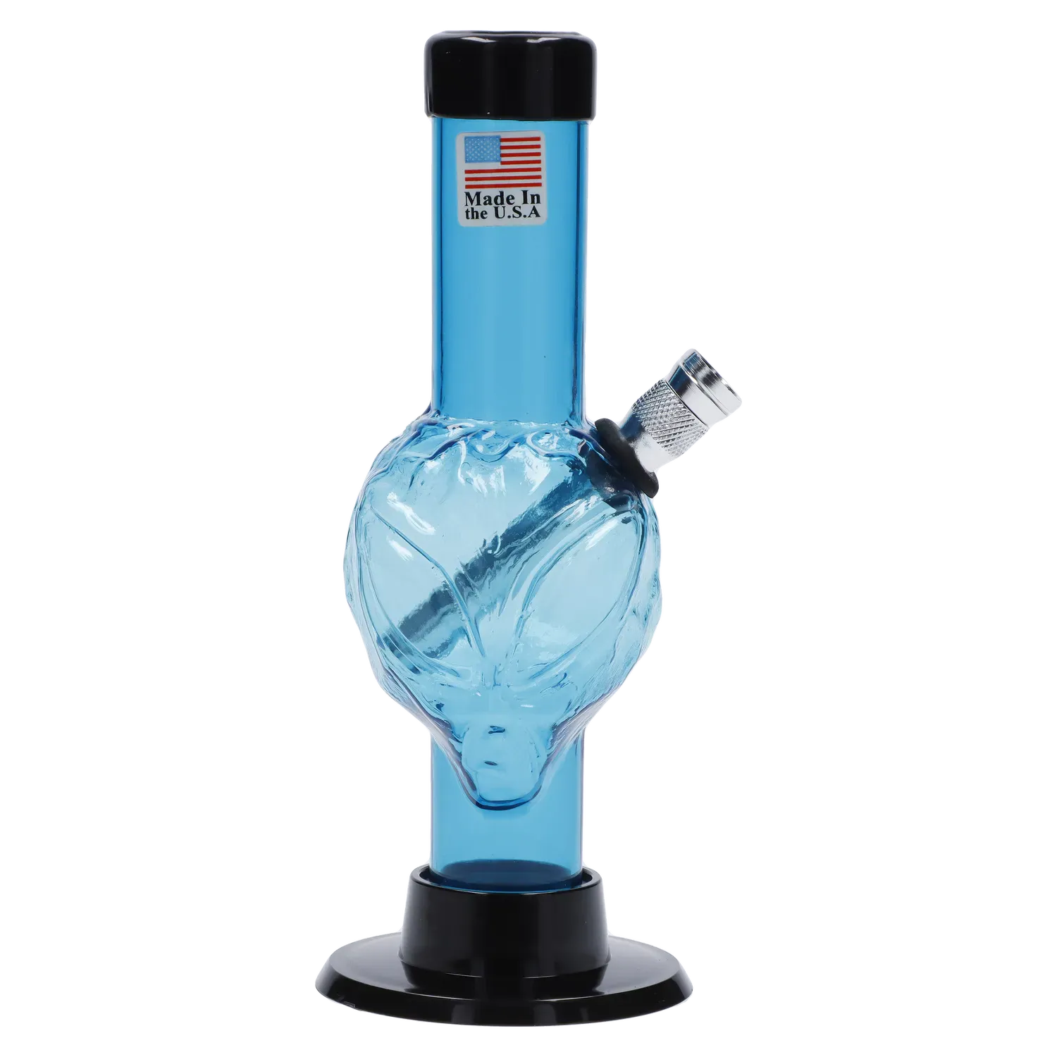 Vertical front view of the JM Plastics Mini Alien Base Acrylic Bong - 6 in. in translucent blue with a black rim and angled metal downstem.