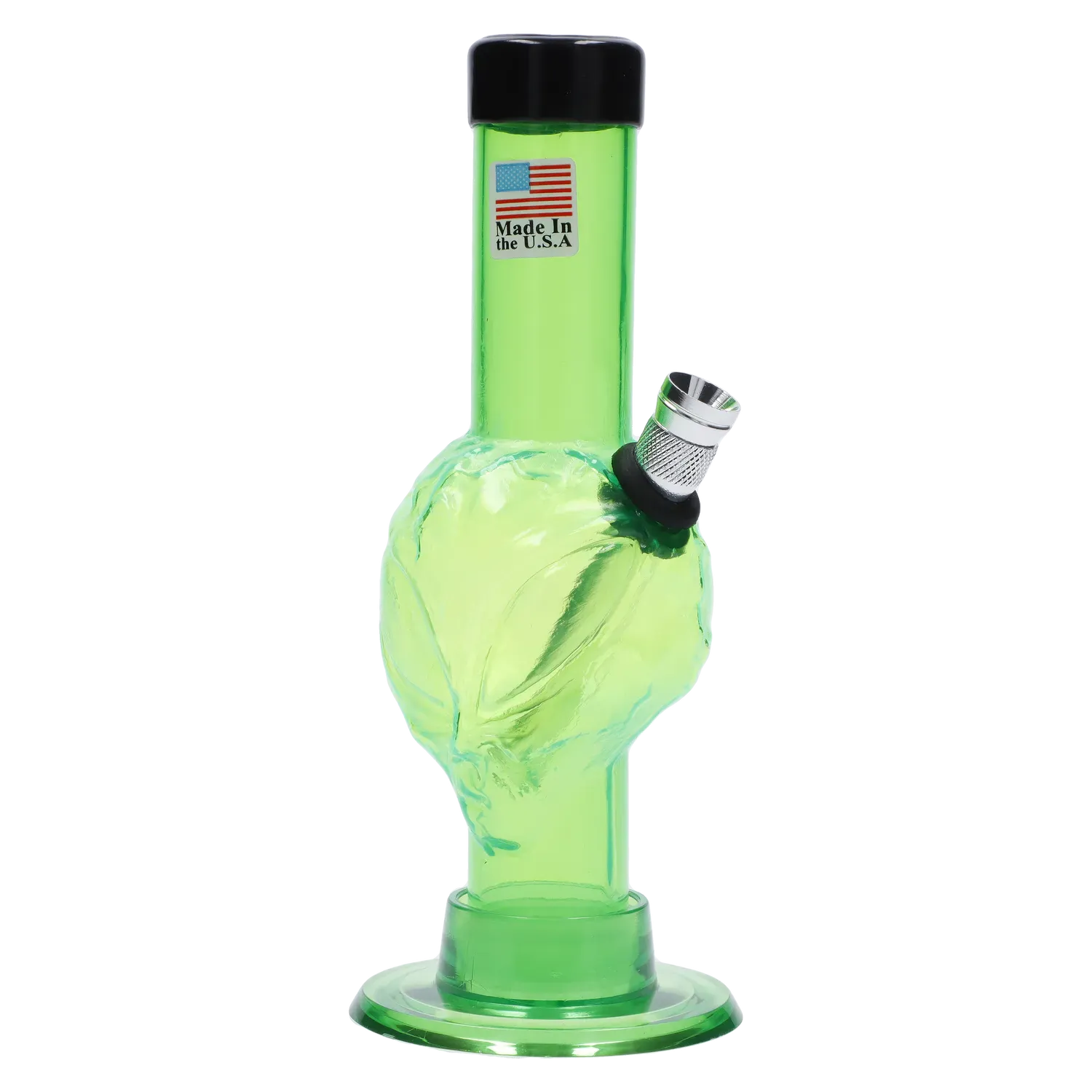Close-up front view of the green 6 in. JM Plastics Mini Alien Base Acrylic Bong showing its textured alien-head body, black rimmed mouthpiece, and angled metal bowl.