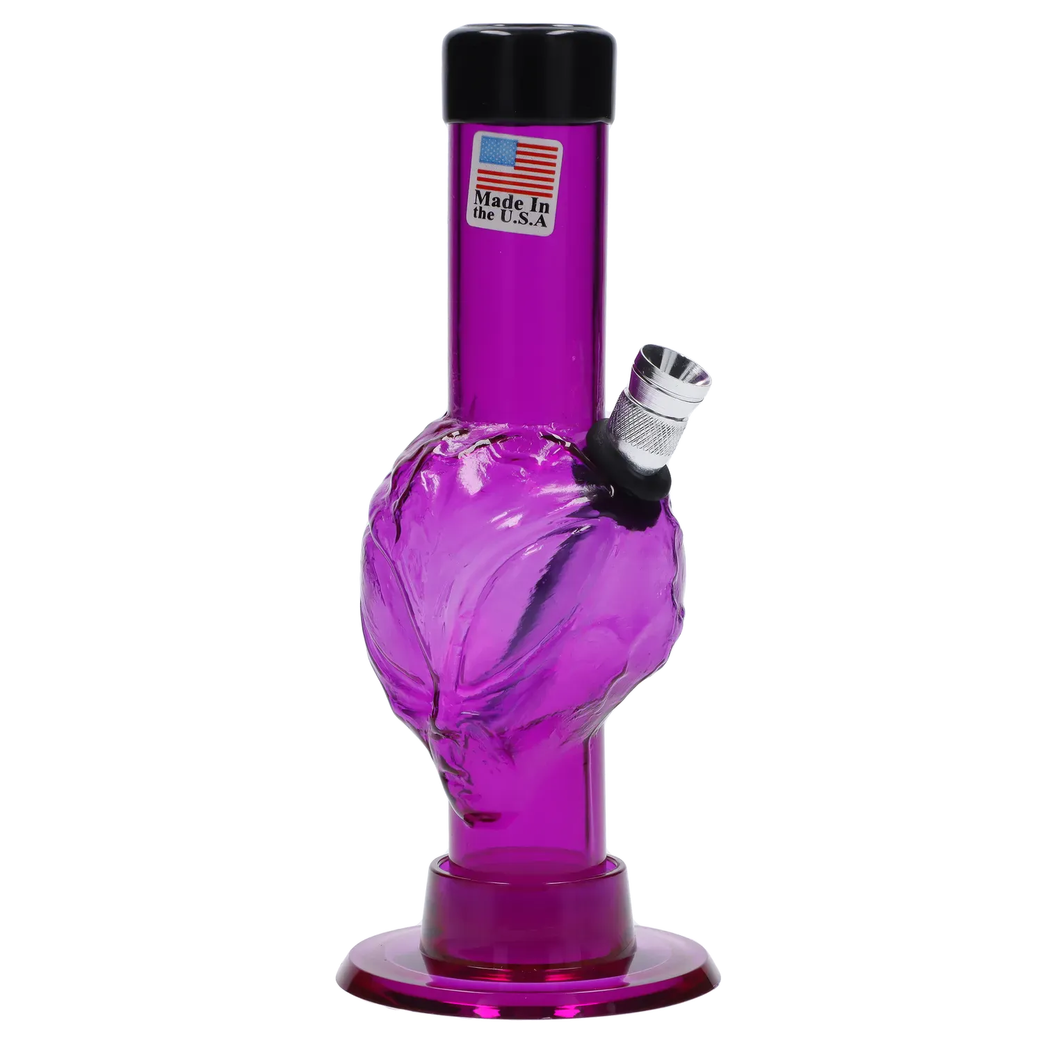 Close-up front view of the purple JM Plastics Mini Alien Base Acrylic Bong - 6 in. showing its textured alien-head base, angled metal bowl, and black-rimmed mouthpiece.