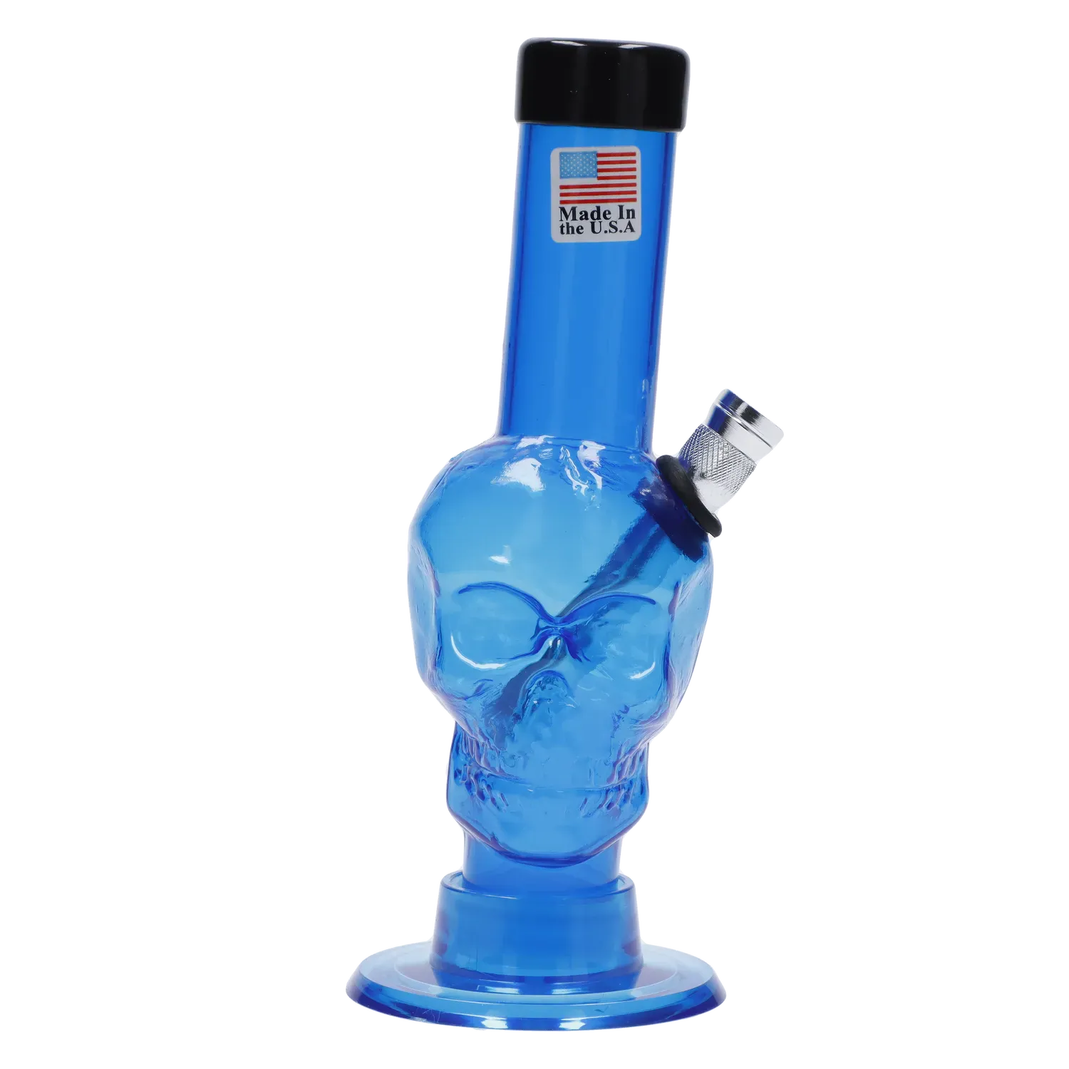 Close-up, front view of the blue JM Plastics Mini Skull Base Acrylic Bong - 6 in. showing the skull-shaped midsection, black rim mouthpiece, and angled metal bowl.
