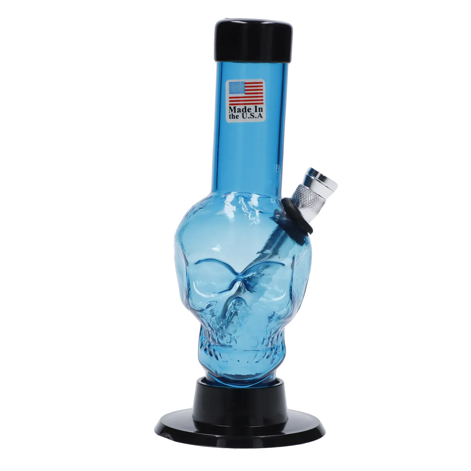 Angled front view of the blue glass JM Plastics Mini Skull Base Acrylic Bong - 6 in. showing the skull body, metal bowl, and black base.