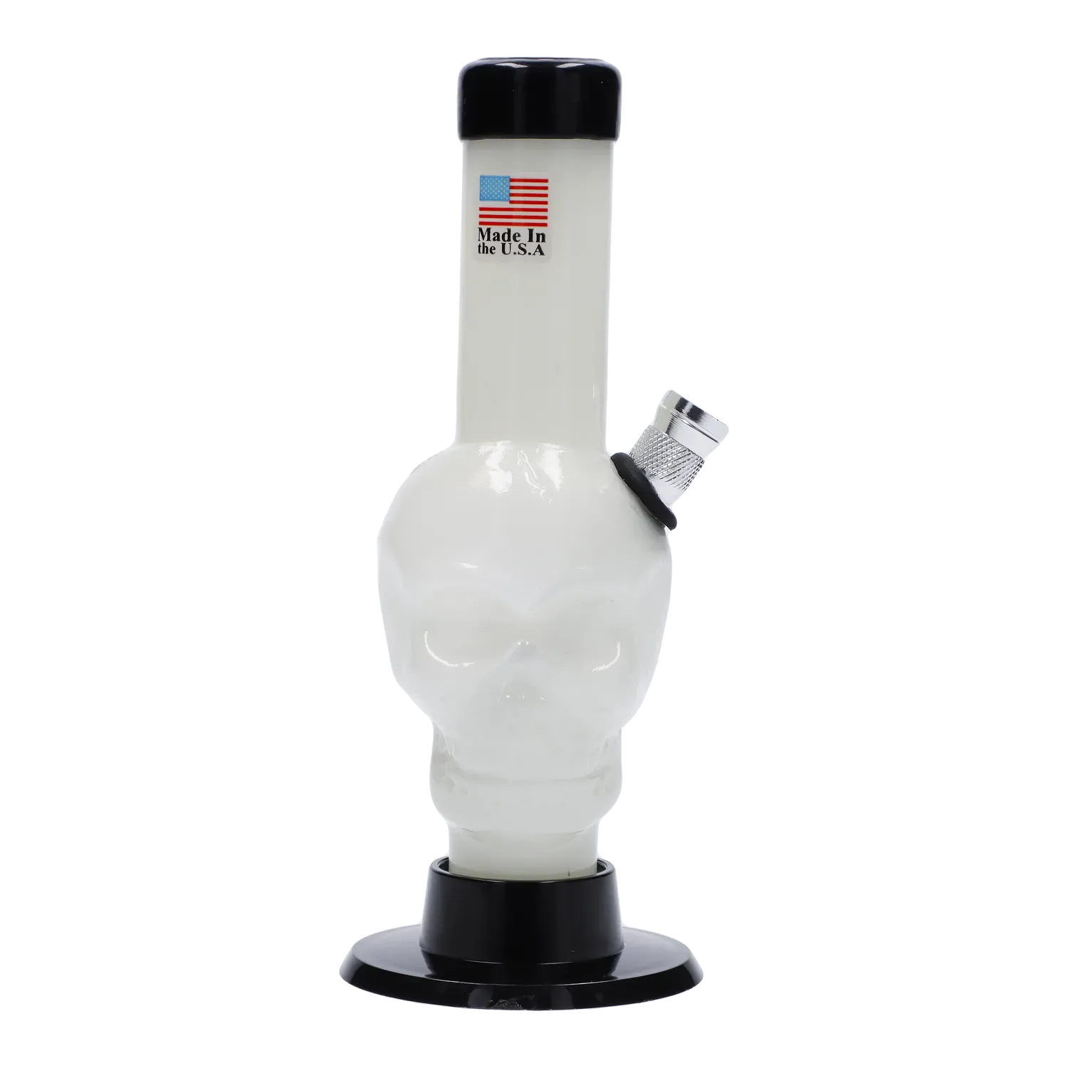 Center-front view of the white JM Plastics Mini Skull Base Acrylic Bong - 6 in. showing a glossy skull body, side metal bowl, and black base and mouthpiece.