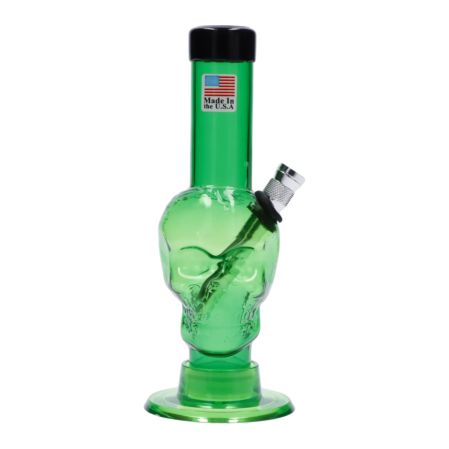 Centered front view of the green JM Plastics Mini Skull Base Acrylic Bong - 6 in. showing a skull-shaped body, angled metal bowl, and black mouthpiece cap