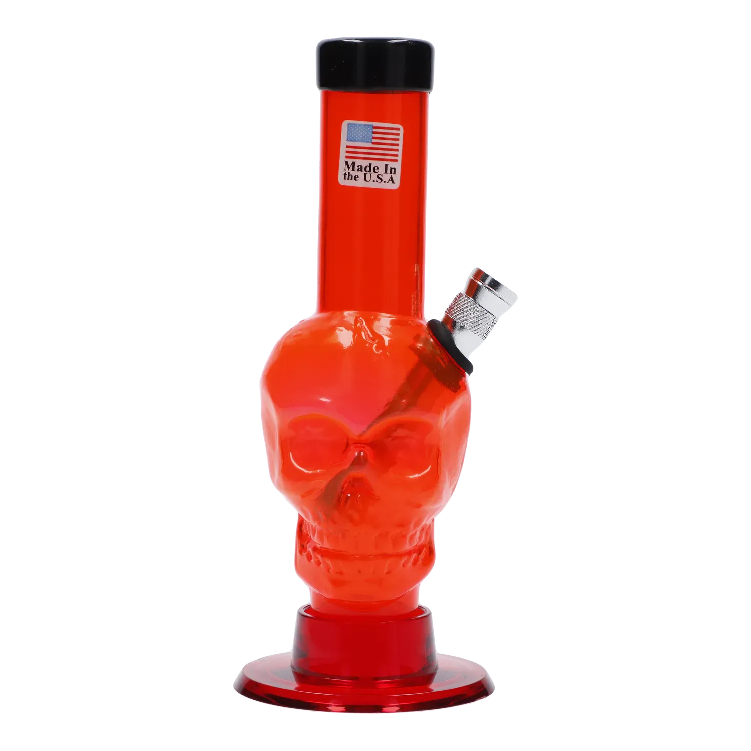 Straight-on view of a red JM Plastics Mini Skull Base Acrylic Bong - 6 in. showing the skull-shaped body, angled metal bowl, and black-rimmed mouthpiece on a white background