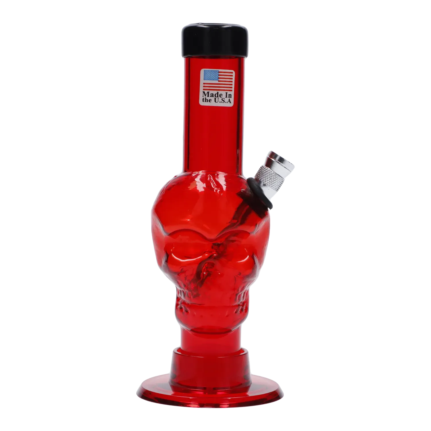 Front view of the red JM Plastics Mini Skull Base Acrylic Bong - 6 in. showing a skull-shaped midsection, angled metal bowl, and black rim against a white background