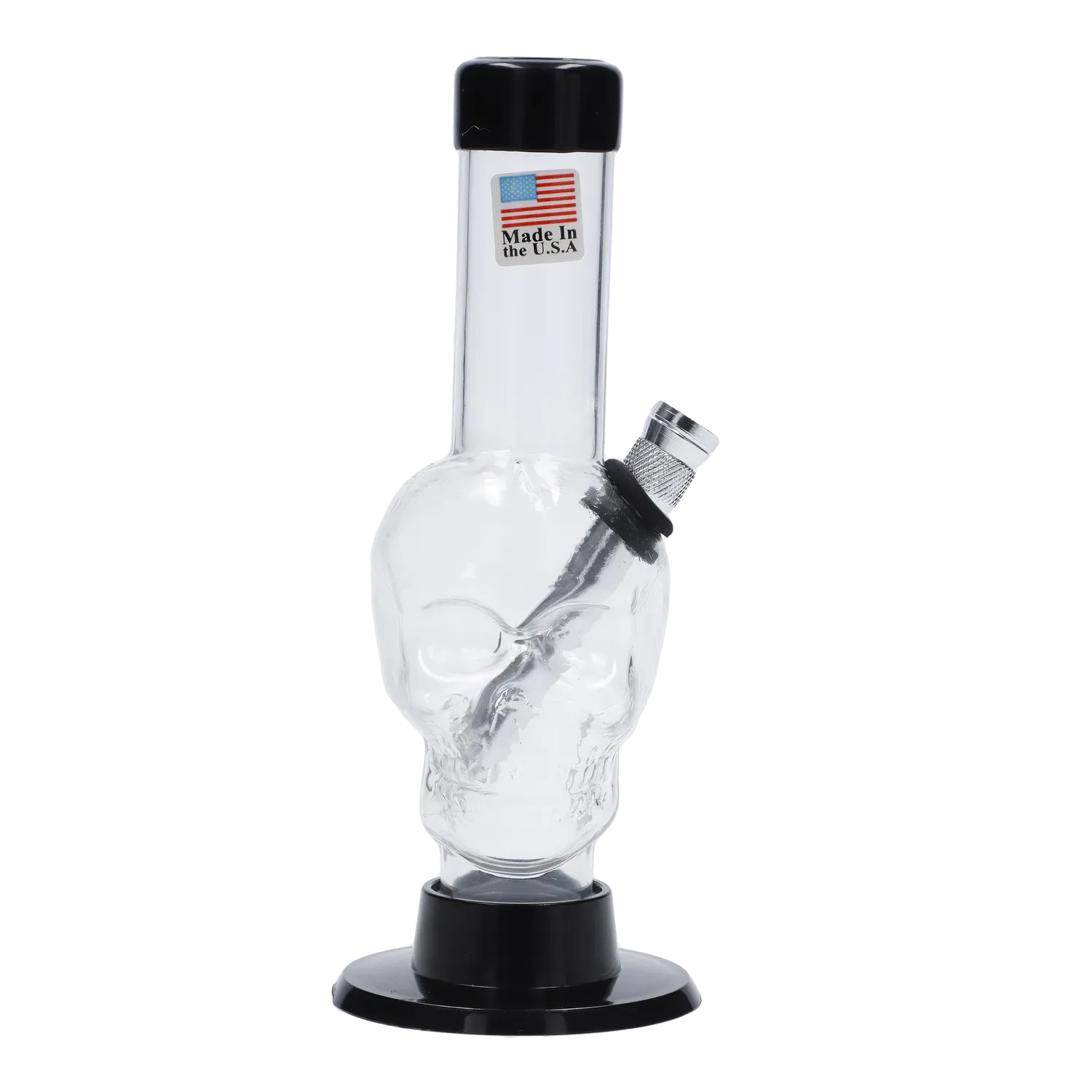 Front-facing view of the JM Plastics Mini Skull Base Acrylic Bong - 6 in. showing a clear skull-shaped body, angled metal stem, and black base and mouthpiece.