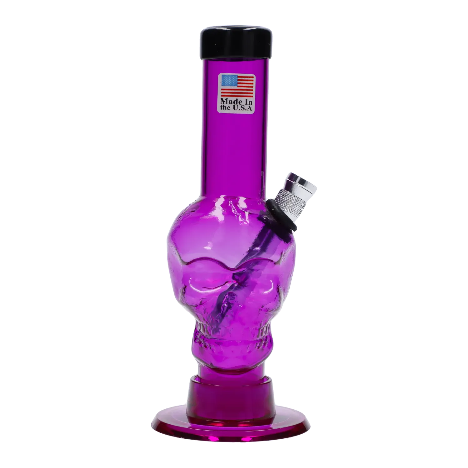 Close-up front view of the purple JM Plastics Mini Skull Base Acrylic Bong - 6 in. showing the skull-shaped midsection, angled metal bowl, and glossy black rim.