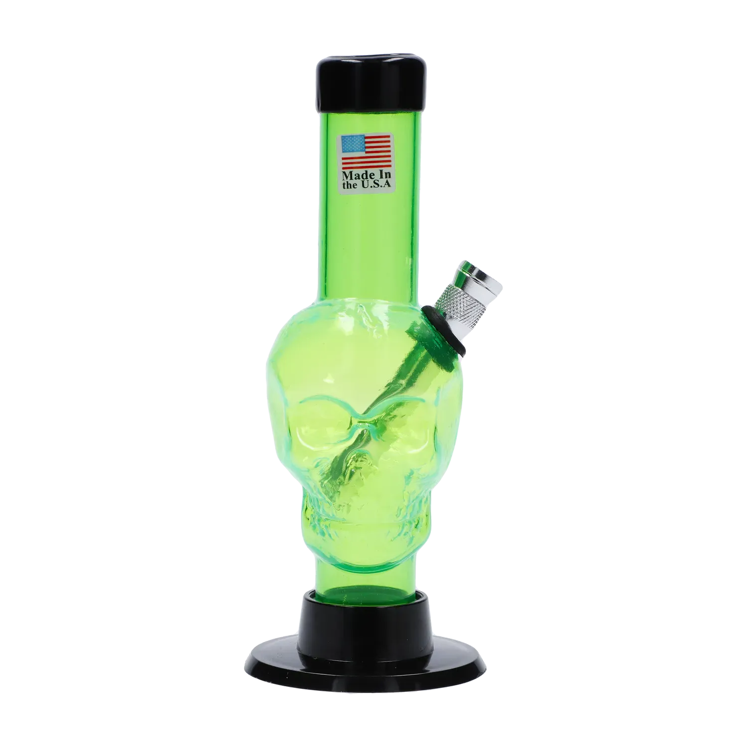 Front-facing view of the green JM Plastics Mini Skull Base Acrylic Bong - 6 in. showing a translucent skull body, angled metal bowl, and black base.