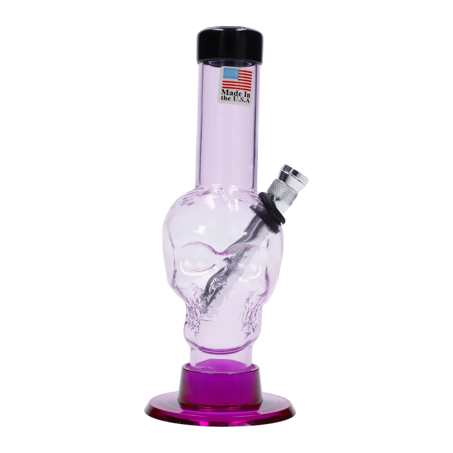 Front view of a translucent purple JM Plastics Mini Skull Base Acrylic Bong - 6 in. showing a skull-shaped chamber, angled metal bowl, and glossy round base