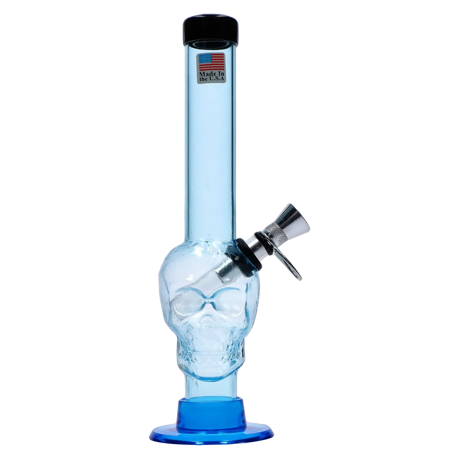 Centered front view of the JM Plastics Skull Base with Pull Slide Acrylic Bong showing a translucent blue skull chamber and metal bowl.