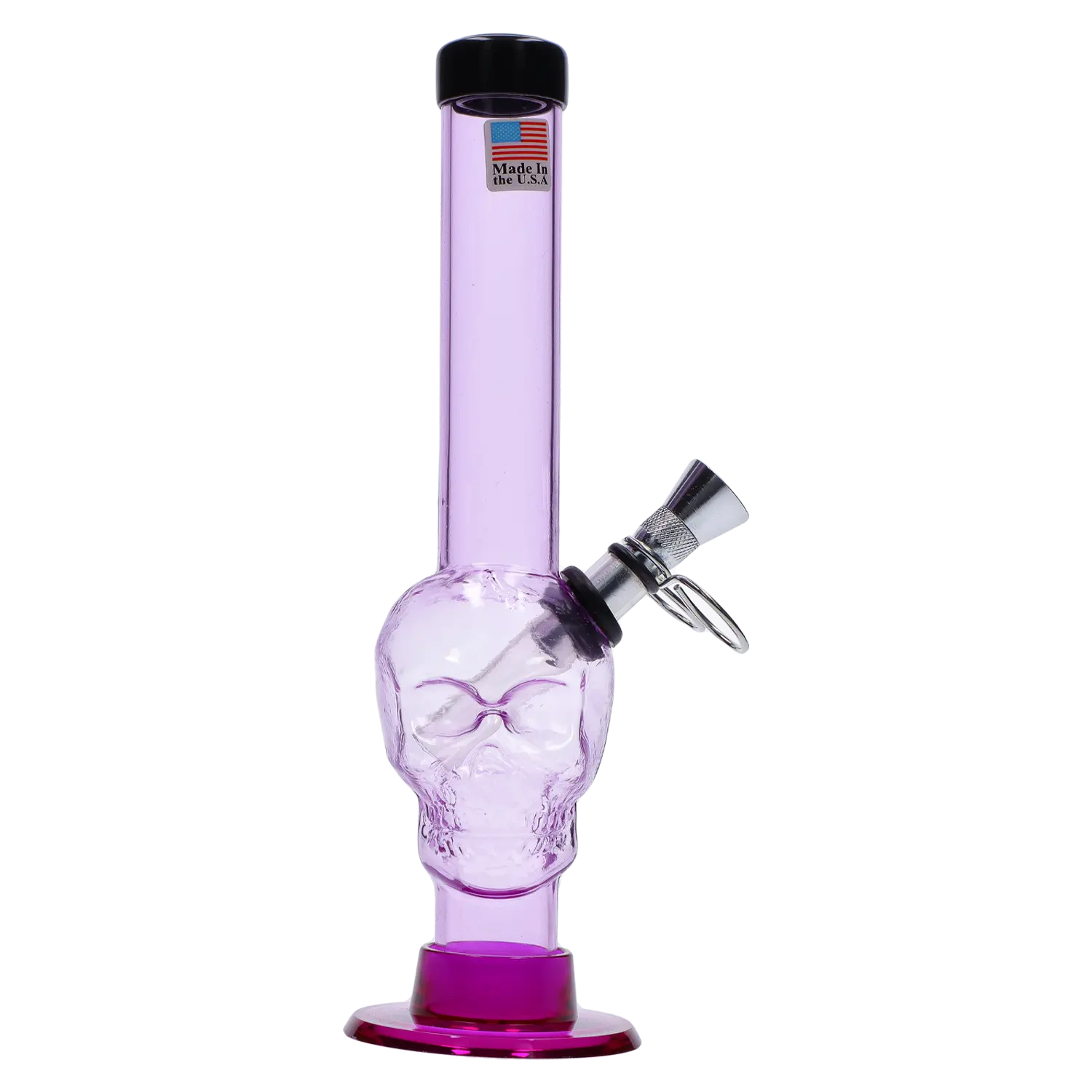 Straight-on view of a purple JM Plastics Skull Base with Pull Slide Acrylic Bong showing the skull chamber and angled metal bowl.