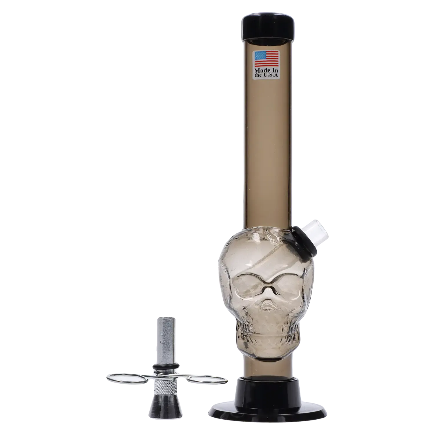 Center-front view of the JM Plastics Skull Base with Pull Slide Acrylic Bong - 8 in., showing a smoky skull-shaped base, straight brown neck, black mouthpiece and pull slide accessory at white background