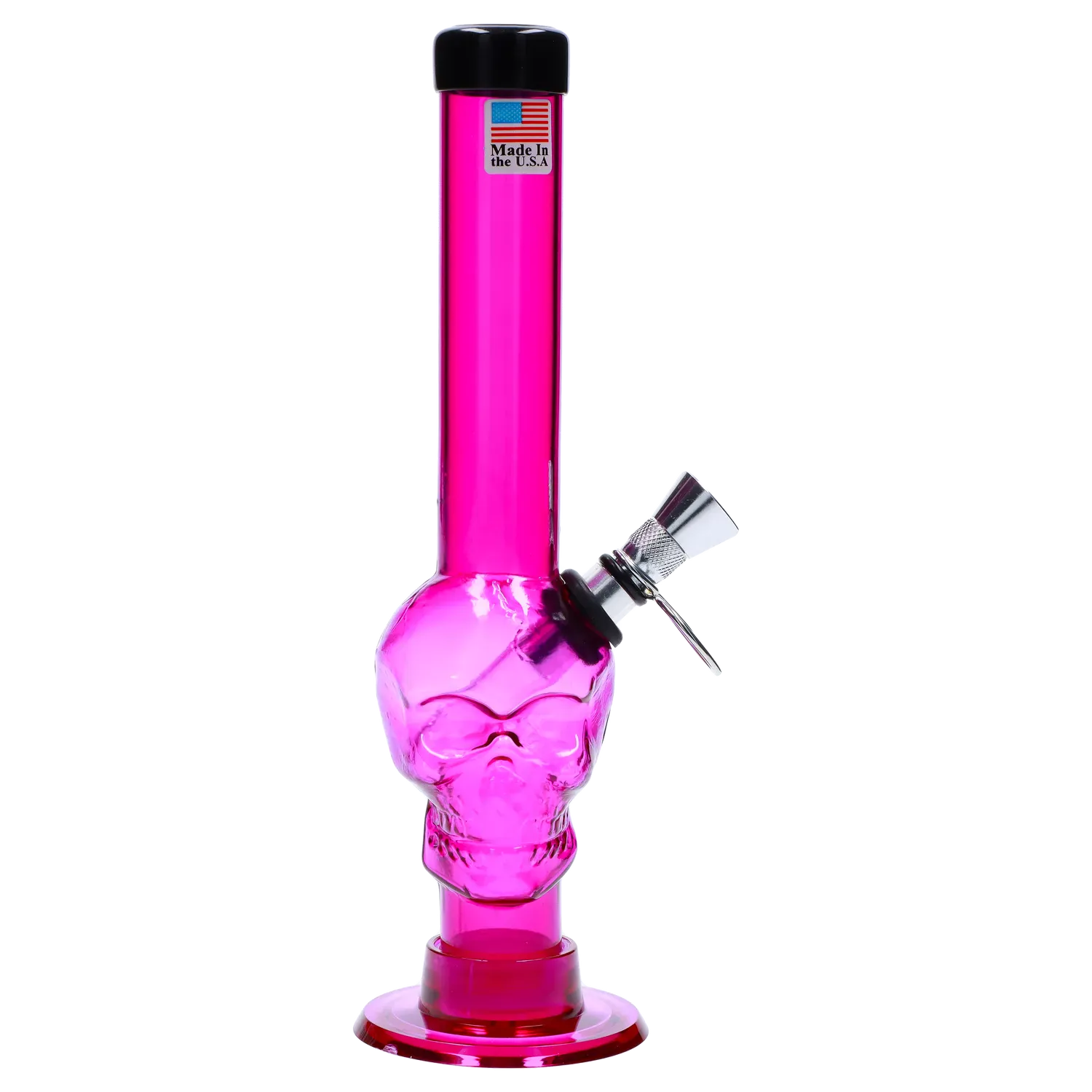 Straight-on view of the JM Plastics Skull Base with Pull Slide Acrylic Bong - 8 in., showing a glossy pink skull midsection, straight neck, black rim, and angled metal pull slide.