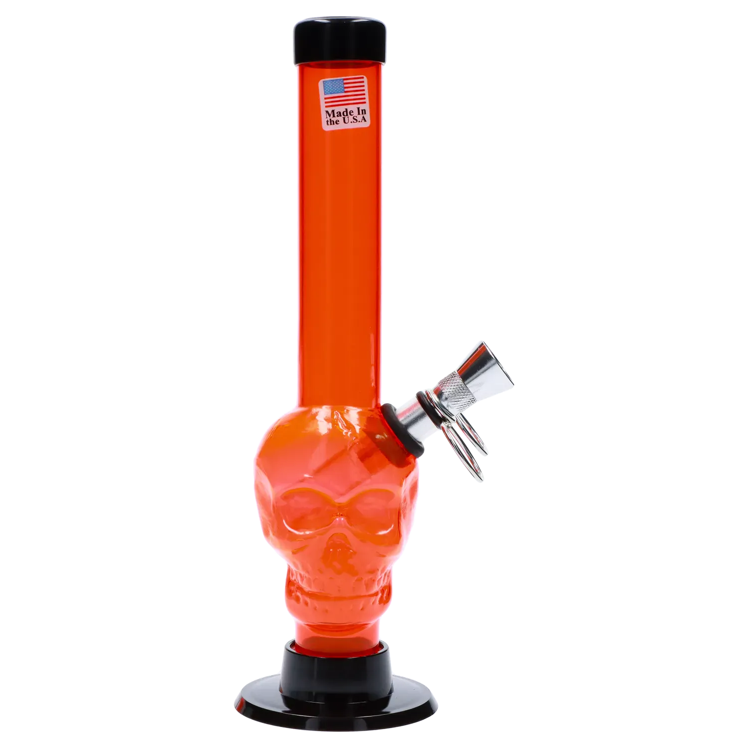 Side view of the red JM Plastics Skull Base with Pull Slide Acrylic Bong - 8 in., photographed against a white background showing the skull-shaped base and metal pull-slide bowl.