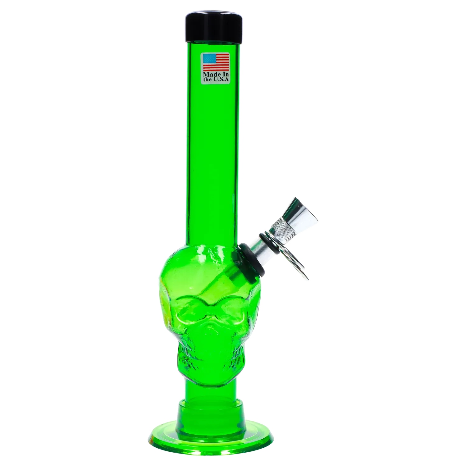 Bright studio-lit front view of the JM Plastics Skull Base with Pull Slide Acrylic Bong - 8 in., shown in translucent green with a skull-shaped midsection and angled metal pull slide.