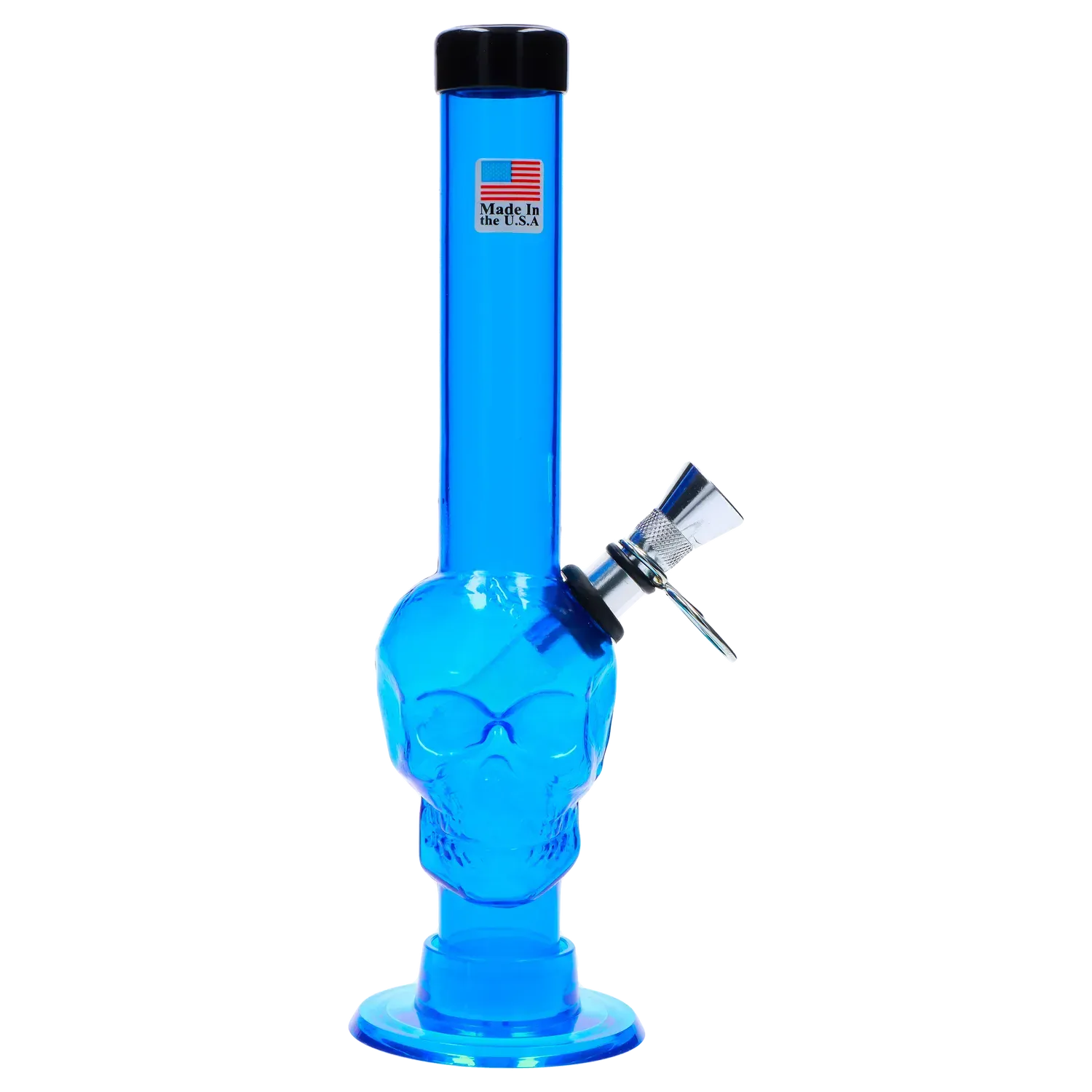 Tall frontal view of the JM Plastics Skull Base with Pull Slide Acrylic Bong showing a blue skull chamber and metal pull slide.