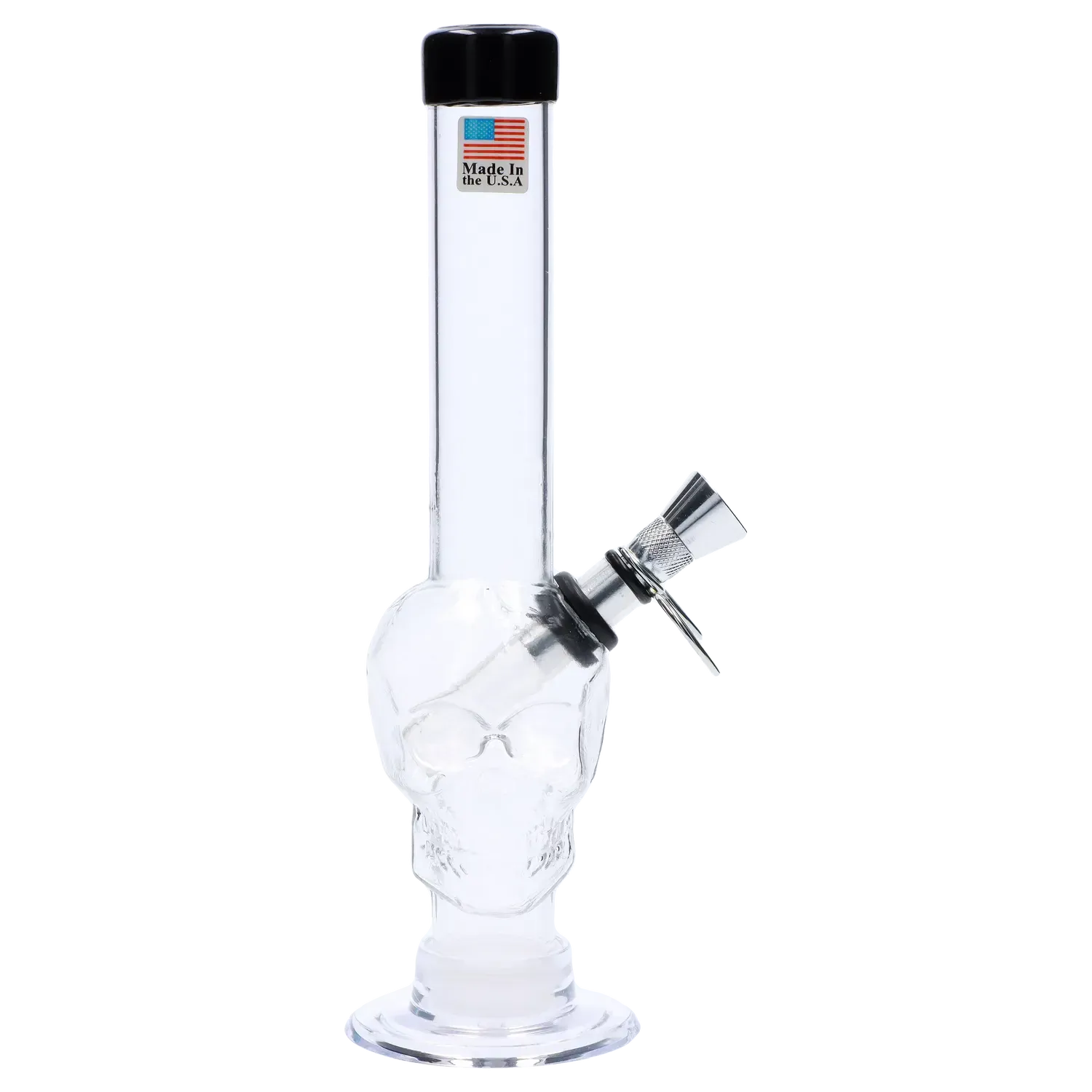 Vertical studio shot of the JM Plastics Skull Base with Pull Slide Acrylic Bong - 8 in., showing a clear skull-shaped body, straight neck and metal pull-slide bowl against a white background