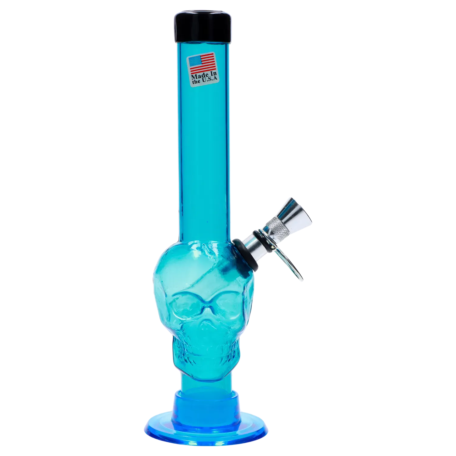 Front view of the JM Plastics Skull Base with Pull Slide Acrylic Bong - 8 in. in translucent blue showing the skull-shaped base and angled metal pull slide.