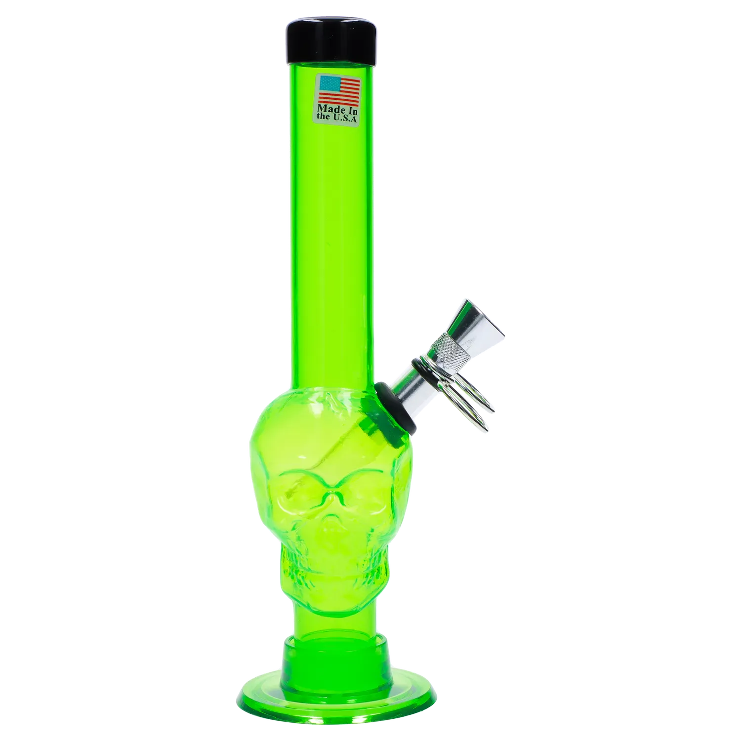 Vertical close-up of a neon green JM Plastics Skull Base with Pull Slide Acrylic Bong - 8 in., showing a skull-shaped chamber and angled metal slide on a white background