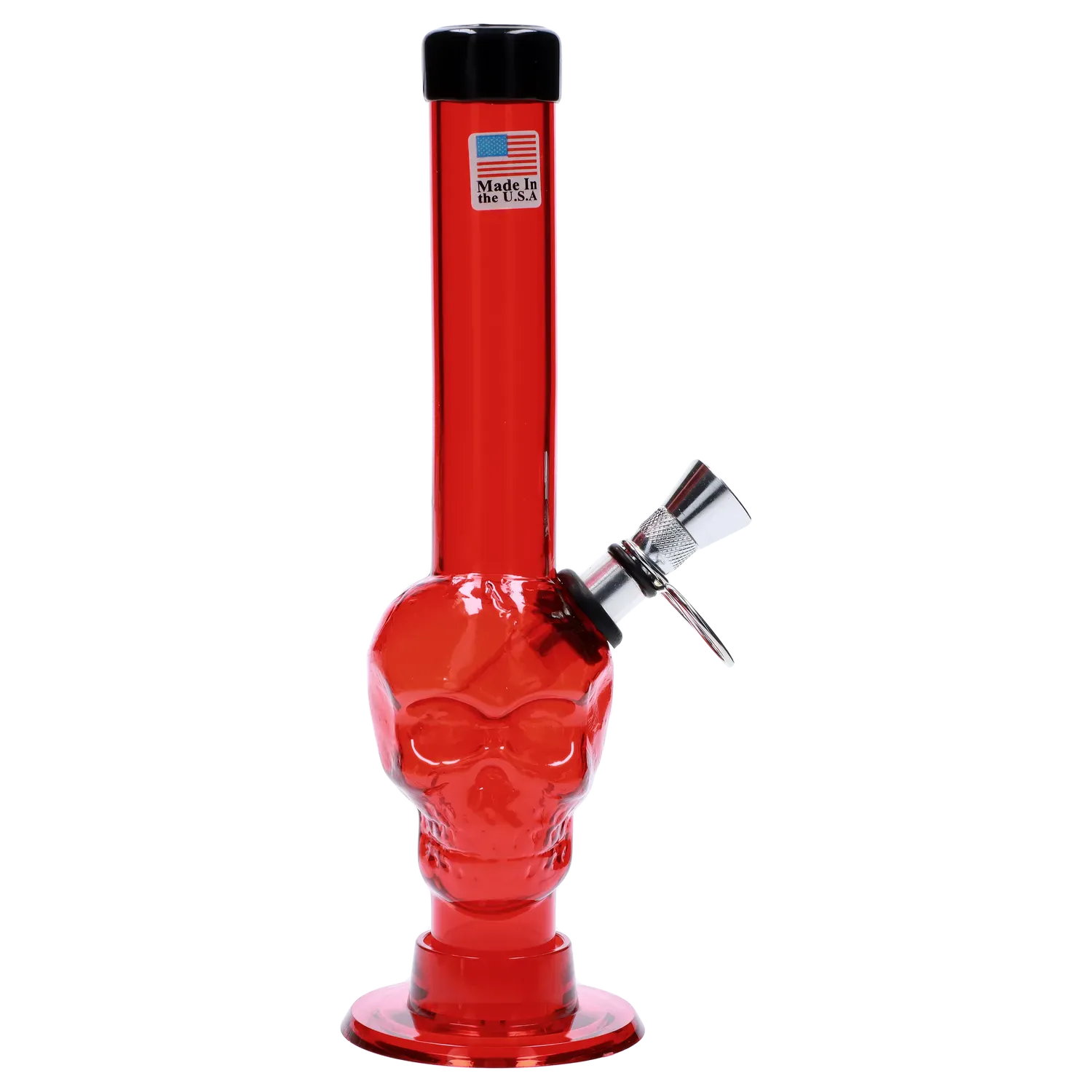 Straight-on view of the red JM Plastics Skull Base with Pull Slide Acrylic Bong - 8 in., showing the skull-shaped base, vertical tube, metal pull slide and white background.