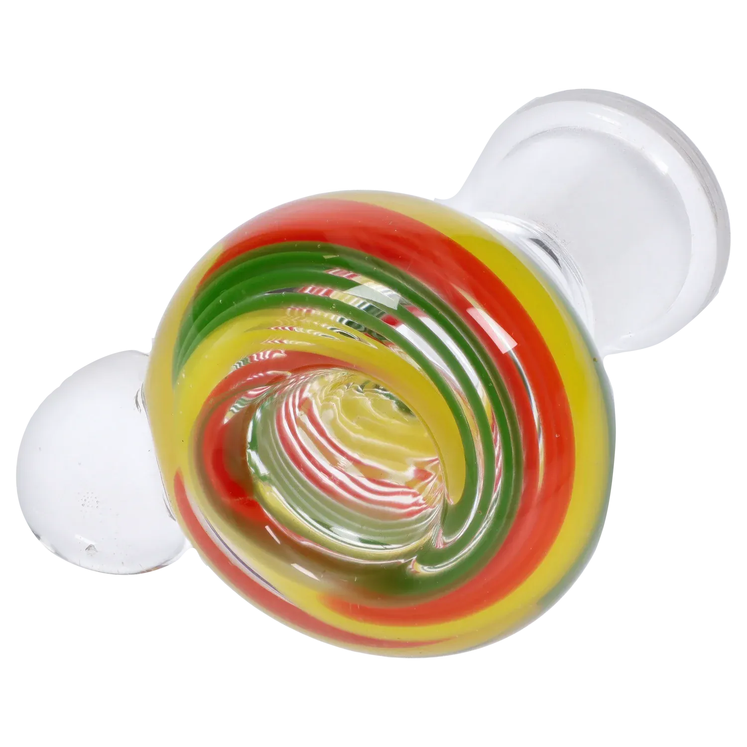 Top-down close-up of the colorful spiral mouthpiece of the DHC Rasta Bowl - Female - 14mm showing red, yellow, and green concentric glass rings.