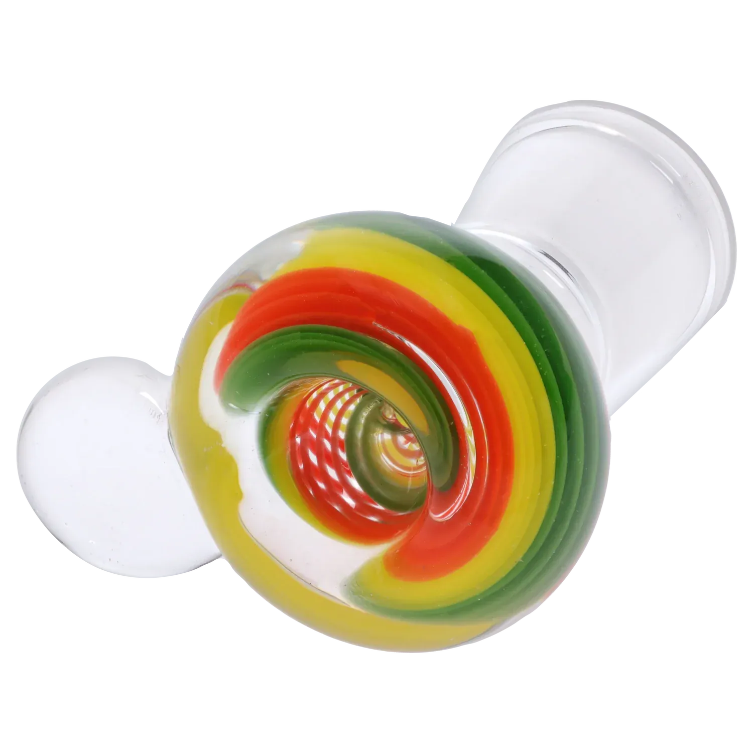 Top-down close-up of the colorful spiral bowl of the DHC Rasta Bowl showing red, yellow, and green concentric glass rings.