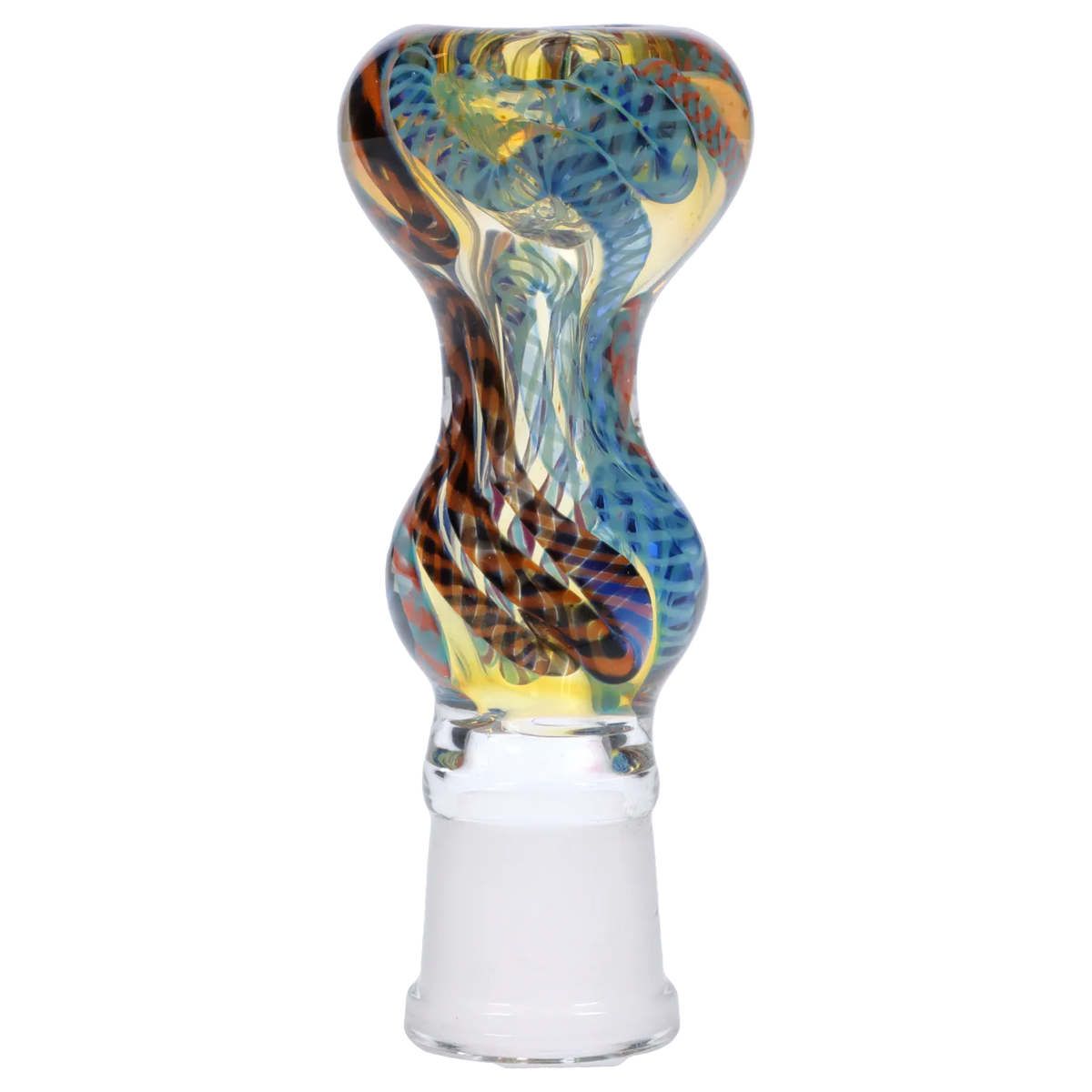 Close-up front view of a multicolored glass bowl with blue and amber spirals, the DHC Caterpillar Latticino Bowl - Female 14mm.