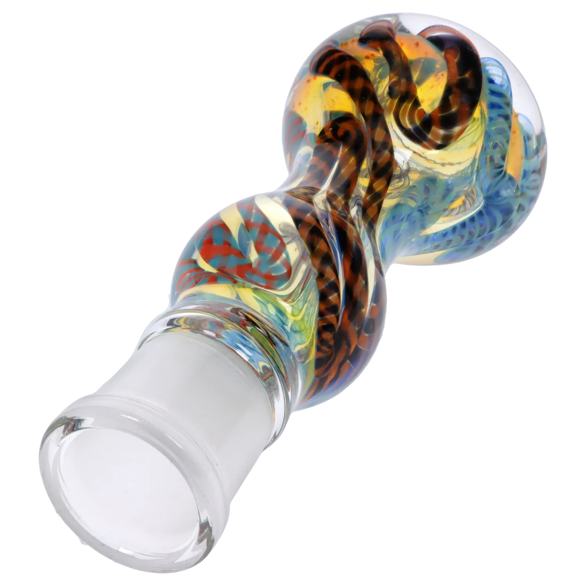 Angled close-up of the DHC Caterpillar Latticino Bowl - Female 14mm showing a twisted, multicolored glass lattice with blue, amber, and red swirls against a white background