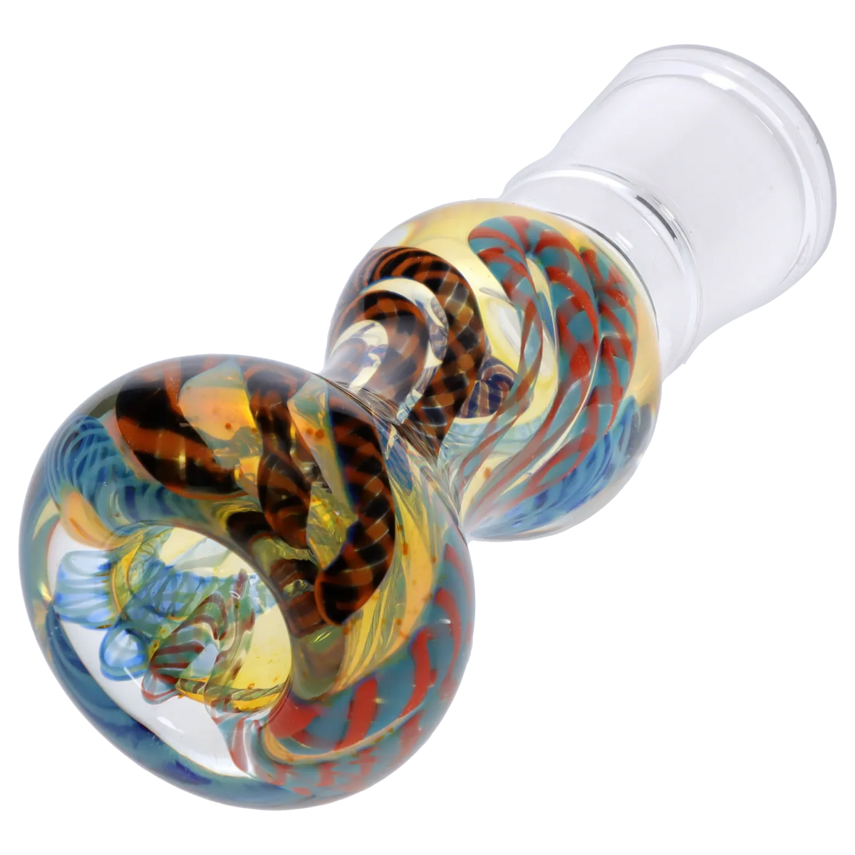 Close-up diagonal view of the colorful glass head of the DHC Caterpillar Latticino Bowl - Female 14mm, showing twisted red, blue and amber latticino patterns inside a clear joint.