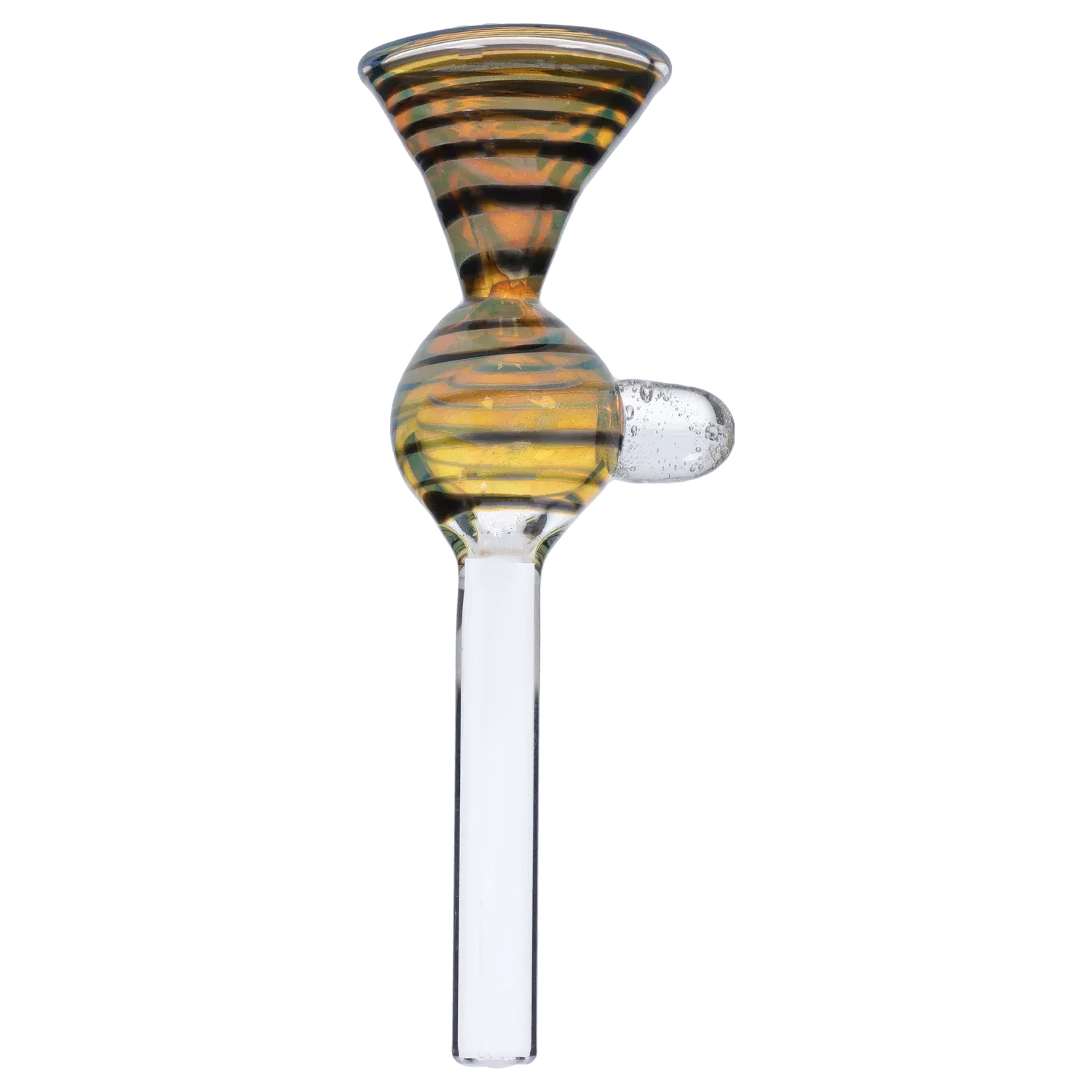 Side view close-up of the 9mm Silver Fumed Color Wrapped Slide showing amber-and-black fumed stripes on the bowl and a clear glass joint.