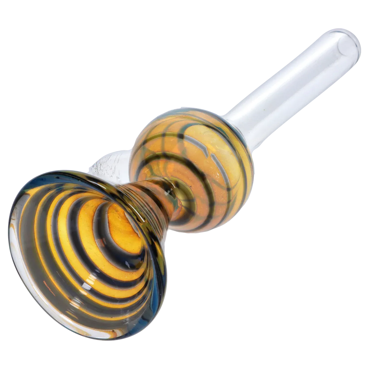 Close-up angled view of the 9mm Silver Fumed Color Wrapped Slide showing amber and black spiral-wrapped glass details and a clear stem.
