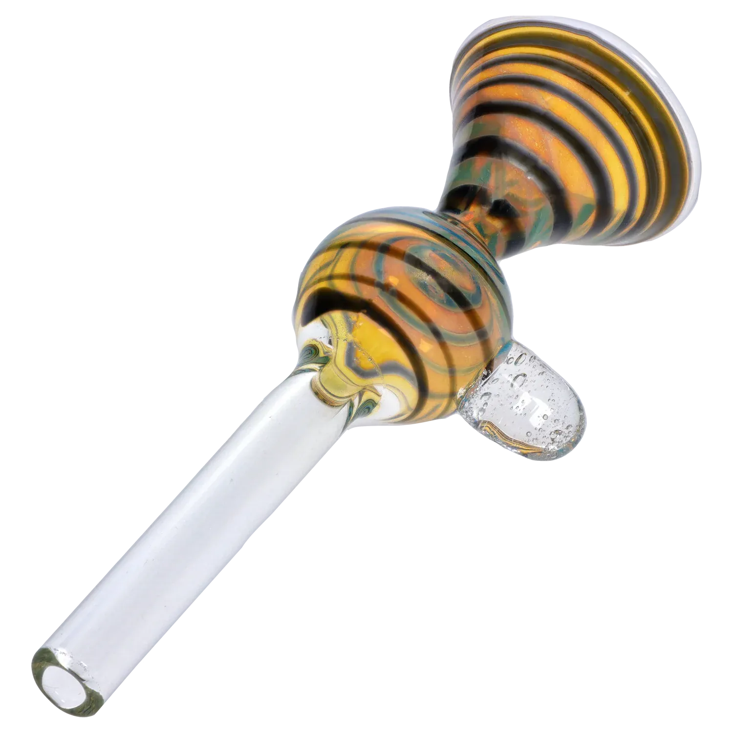 Angled close-up of the 9mm Silver Fumed Color Wrapped Slide showing its striped amber and black fumed bulb, clear stem, and textured glass handle.