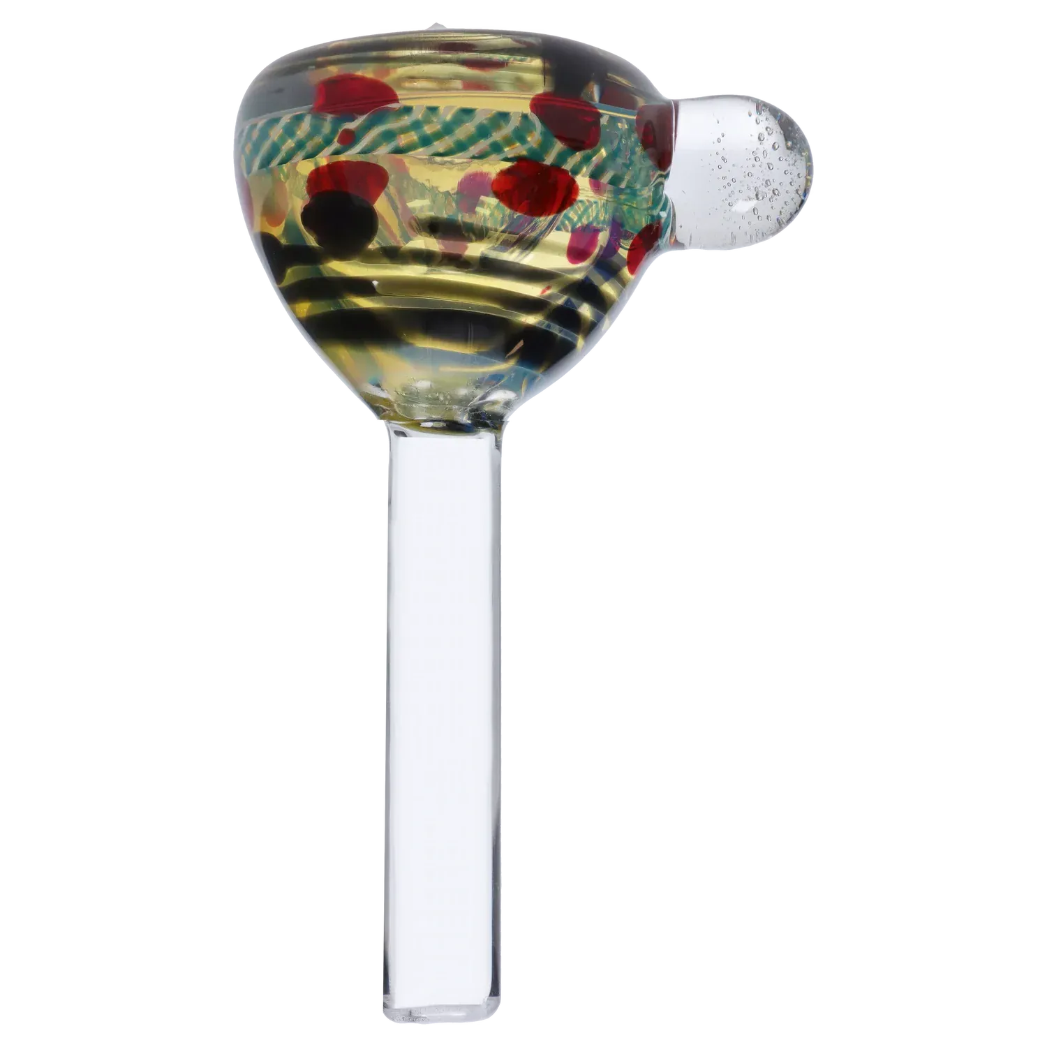 Side view of the 9mm Silver Fumed Color Changing Surface Slide showing a rounded, multicolored bowl with red dots and striped patterns and a clear stem.