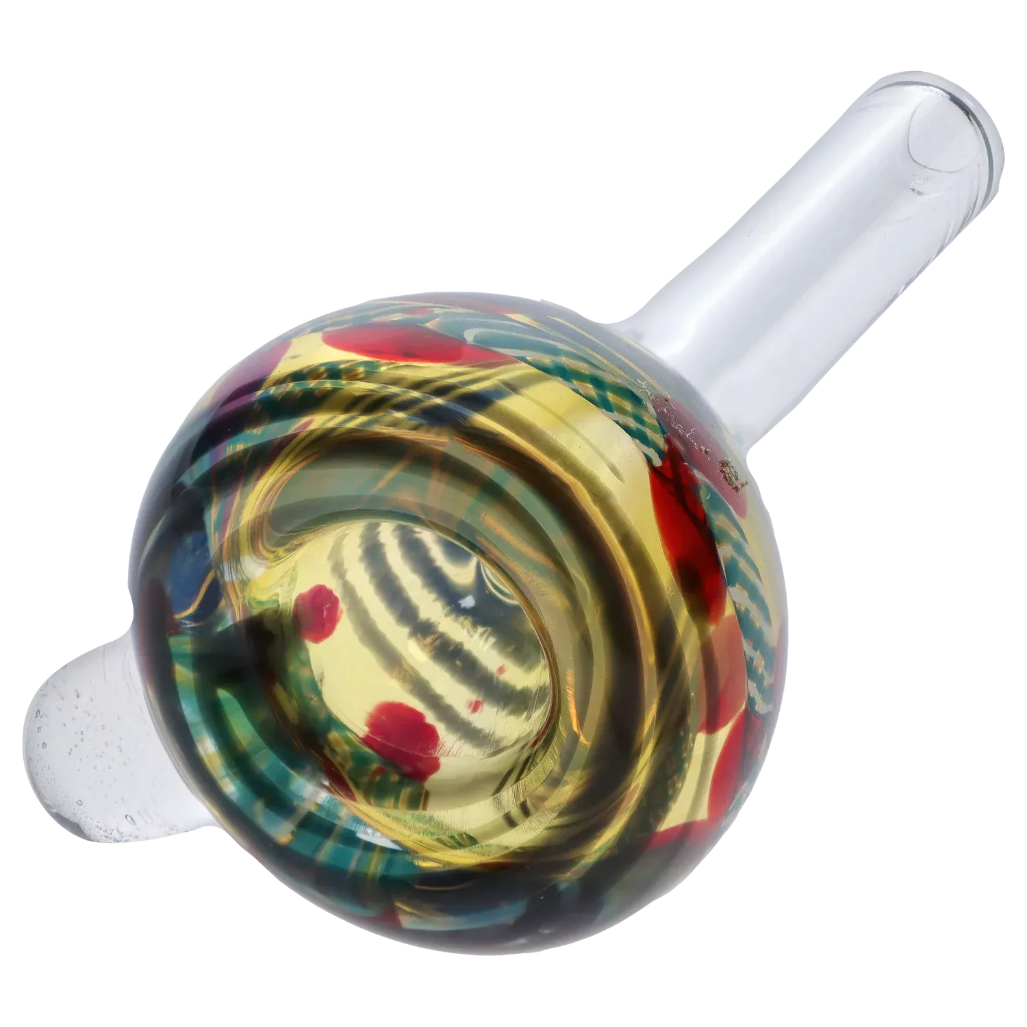 Top-down close-up of the 9mm Silver Fumed Color Changing Surface Slide showing a rounded glass bowl with swirling gold, green and red spots and a clear angled stem.