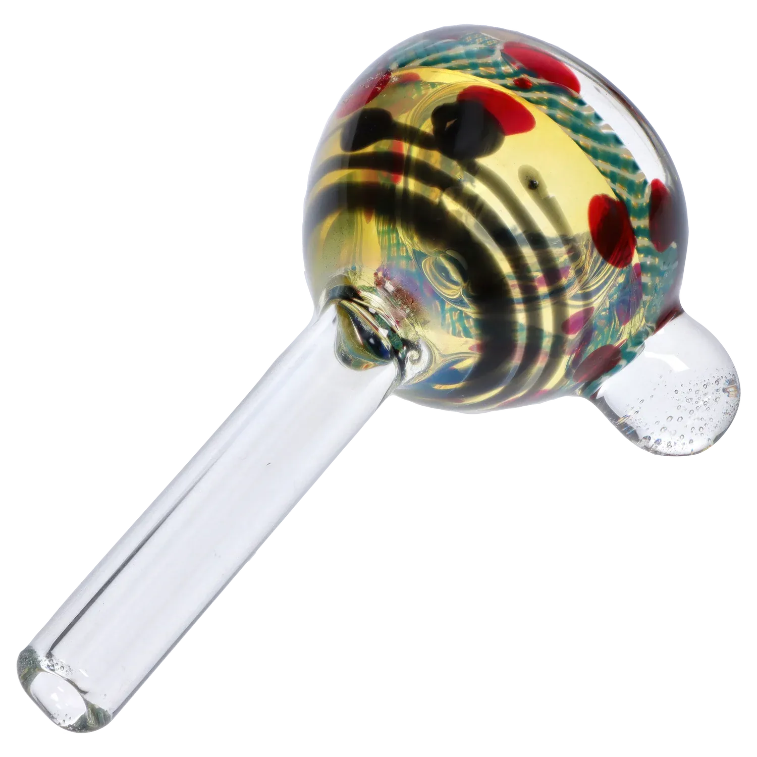 Angled close-up of the 9mm Silver Fumed Color Changing Surface Slide showing its round, yellow-tinted bowl with black spiral and red dot accents against a white background