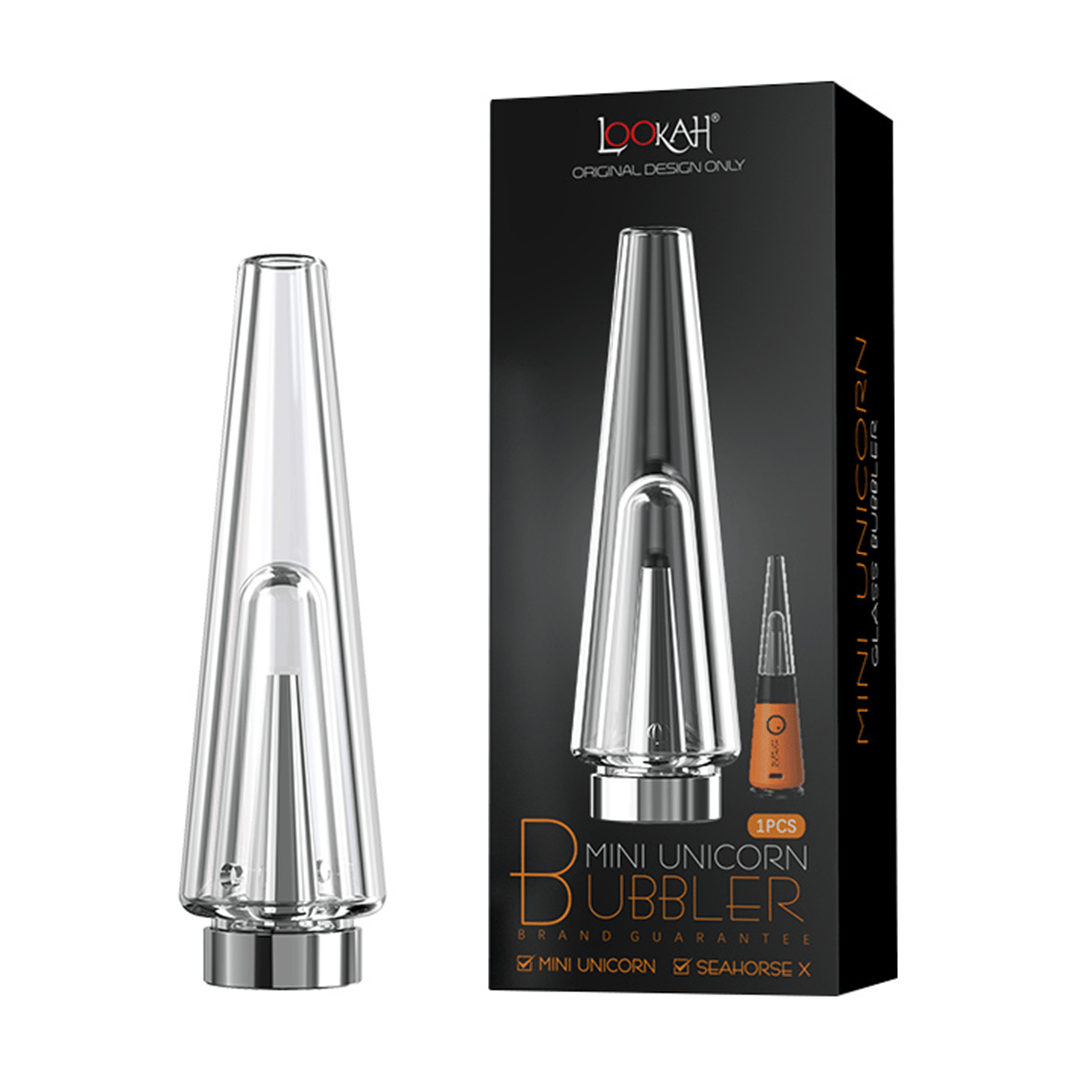 Front view of the clear Lookah Mini Unicorn Bubbler shown beside its black product box on a white background.