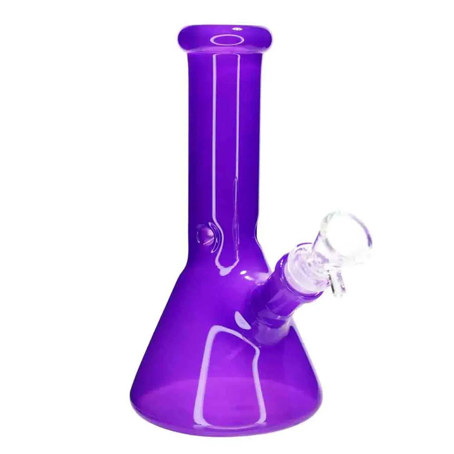Angled close-up of the purple DHC Milky Beaker Bong - 8 in., showing the beaker base, straight neck, and clear glass bowl against a white background