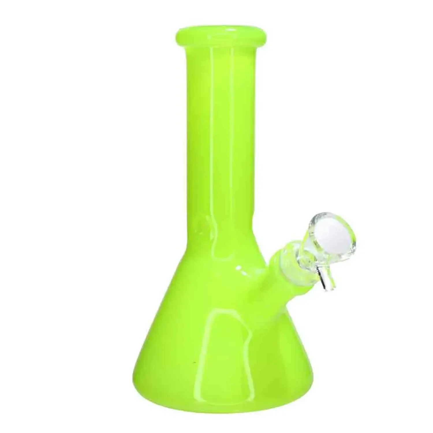 Close-up front view of a bright lime green DHC Milky Beaker Bong - 8 in. showing the straight neck, conical base, and clear glass bowl against a white background