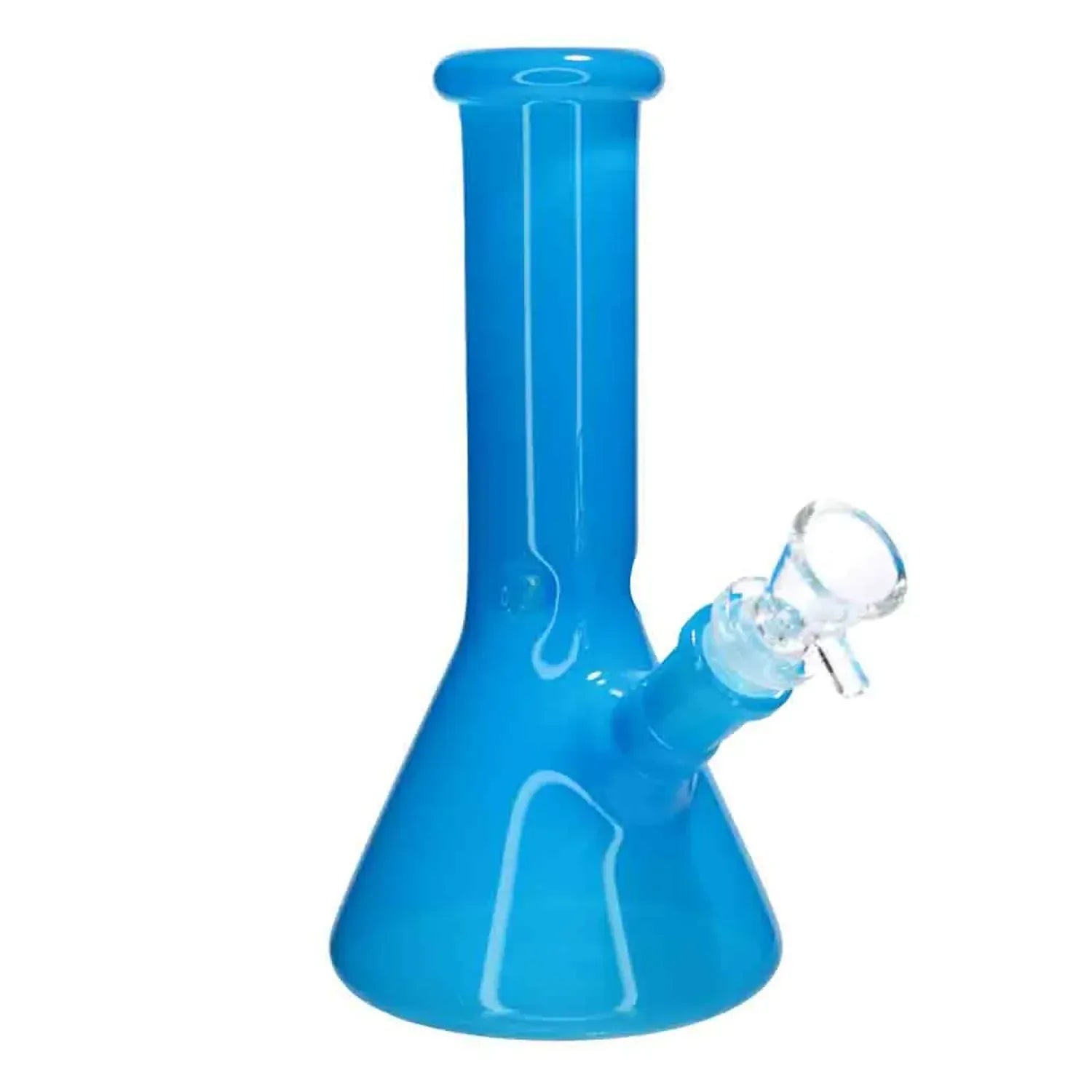 Close-up front view of the blue DHC Milky Beaker Bong - 8 in. showing its glossy beaker base, straight neck, and clear glass bowl against a white background