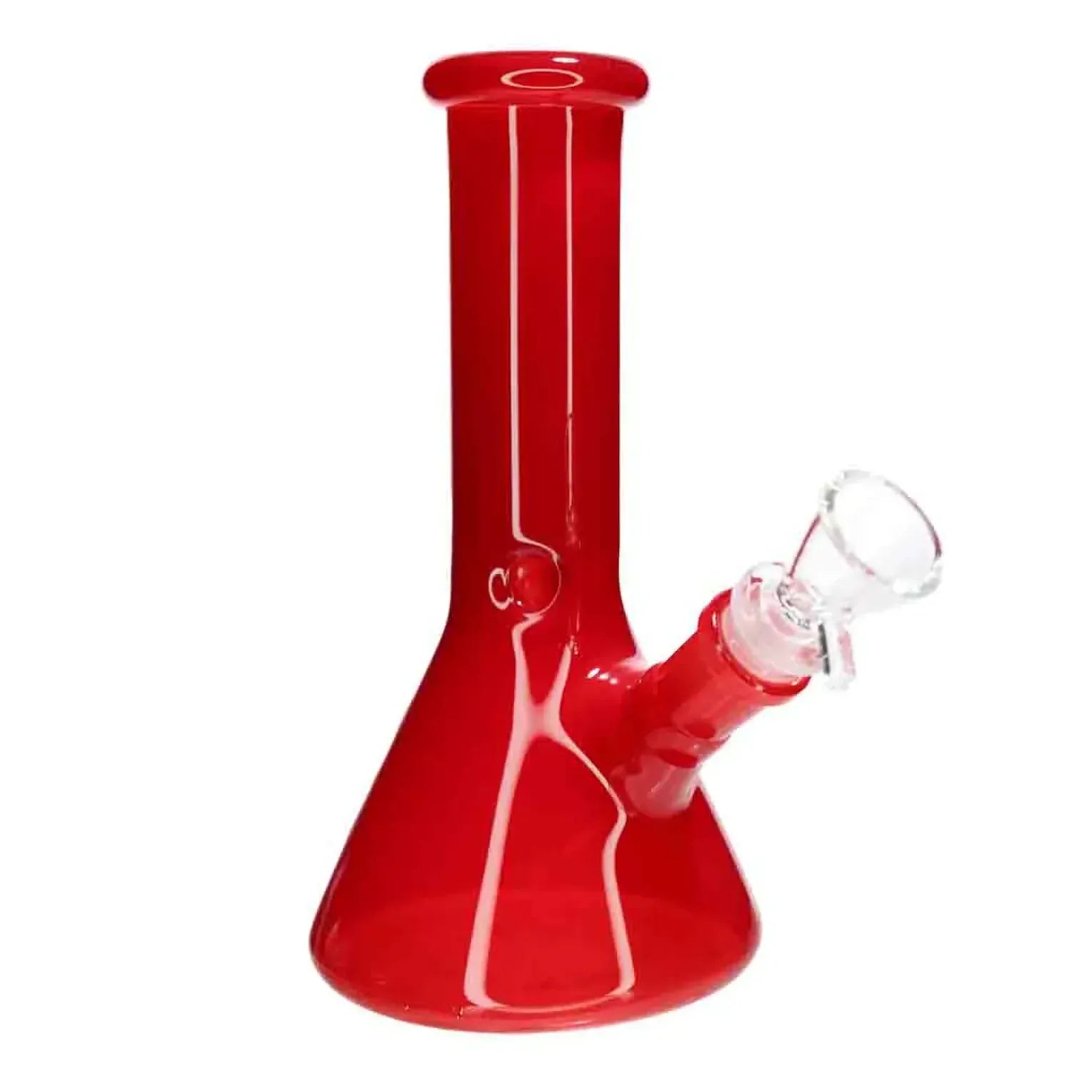 Angled close-up of the bright red DHC Milky Beaker Bong - 8 in., showing its glossy beaker base, straight neck, and clear glass bowl against a white background