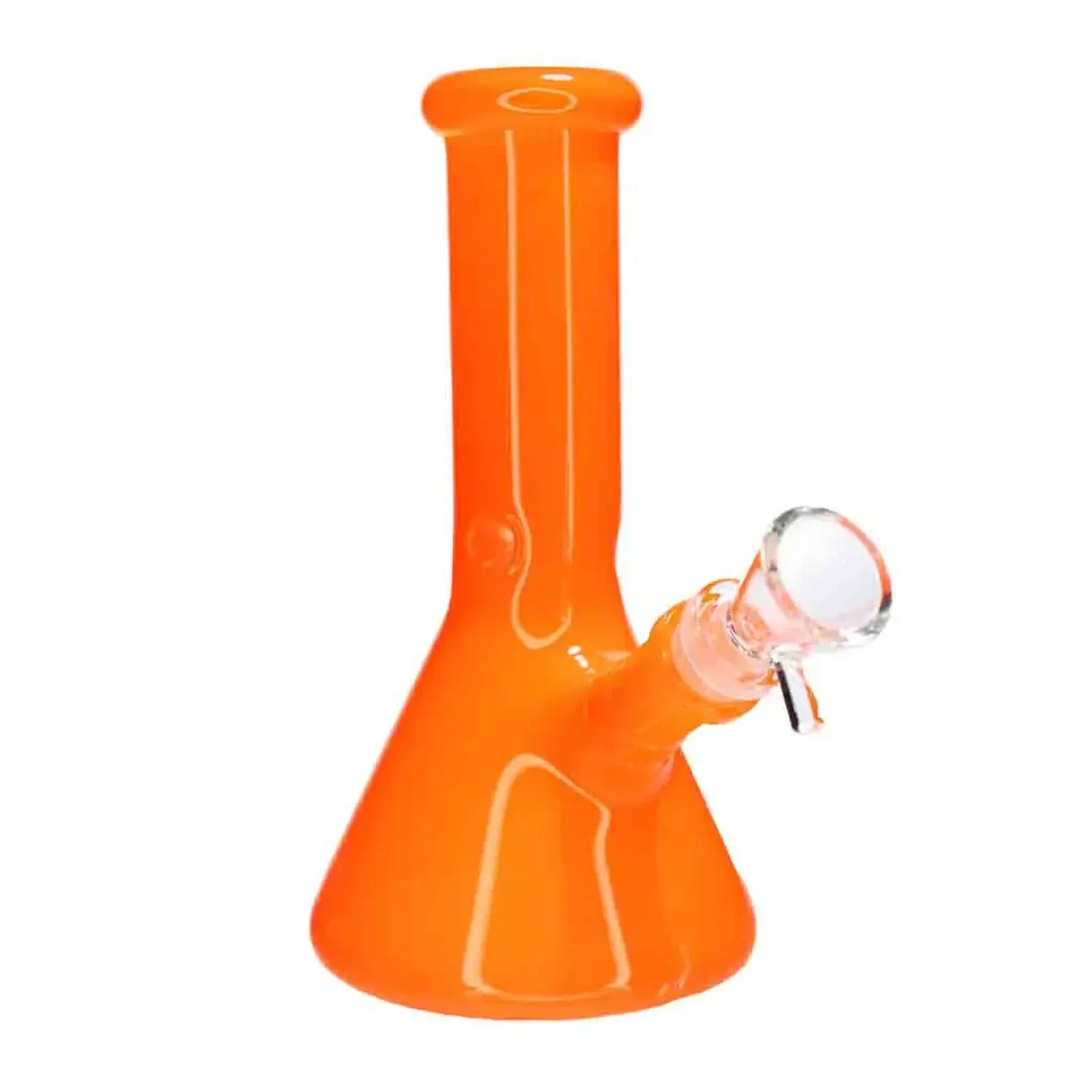 Close-up front view of the bright orange DHC Milky Beaker Bong - 8 in., showing the beaker base, straight neck, and clear glass bowl against a white background