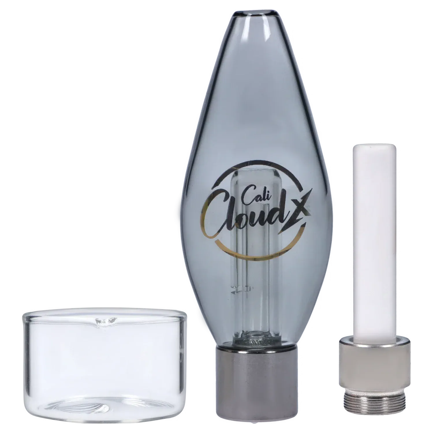 Close-up front view of the Mini Oval Cali Cloudx Straw Set showing a gray oval glass straw with the Cali Cloudx logo centered between a clear glass cup piece and a white cylindrical tip.