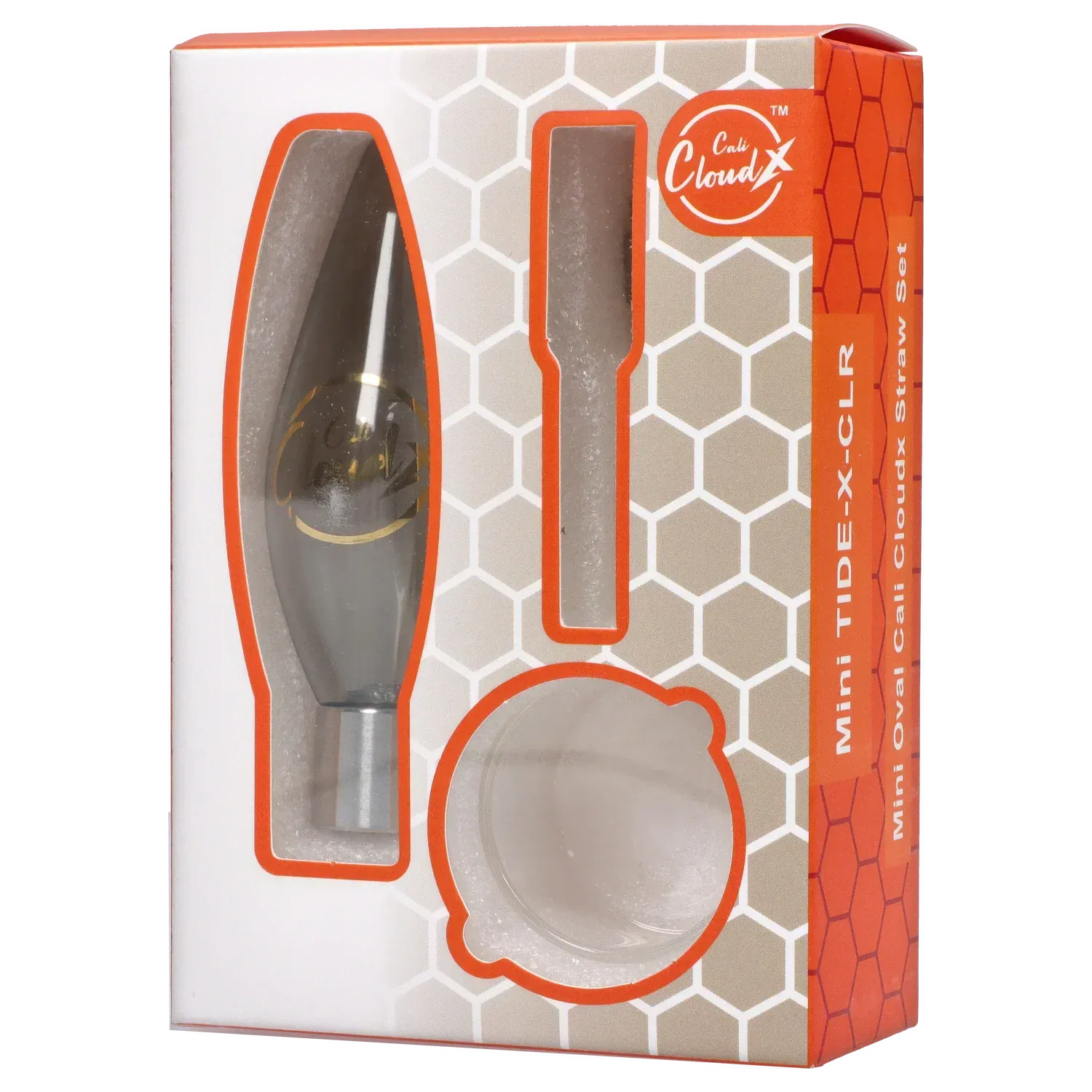 Angled close-up of the Mini Oval Cali Cloudx Straw Set in its orange-and-white hexagon patterned windowed box showing a metallic oval straw and circular accessory.