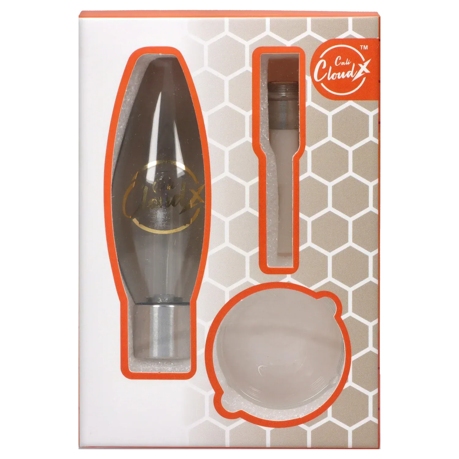 Close-up front view of the Mini Oval Cali Cloudx Straw Set showing a gray oval straw tip and round silicone piece visible through hex-patterned packaging.